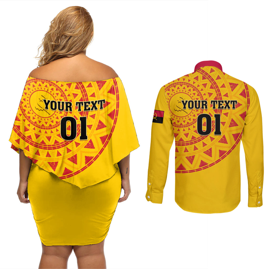 Angola Football Couples Matching Off Shoulder Short Dress and Long Sleeve Button Shirt Go Palancas Negras Yellow Version - Wonder Print Shop