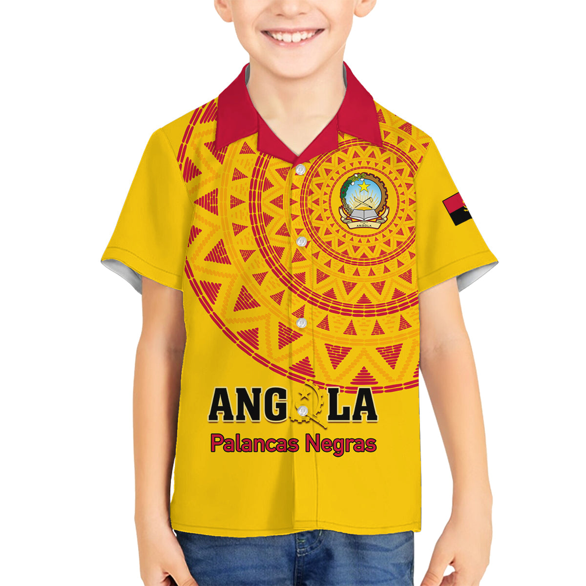 Angola Football Family Matching Off Shoulder Long Sleeve Dress and Hawaiian Shirt Go Palancas Negras Yellow Version - Wonder Print Shop