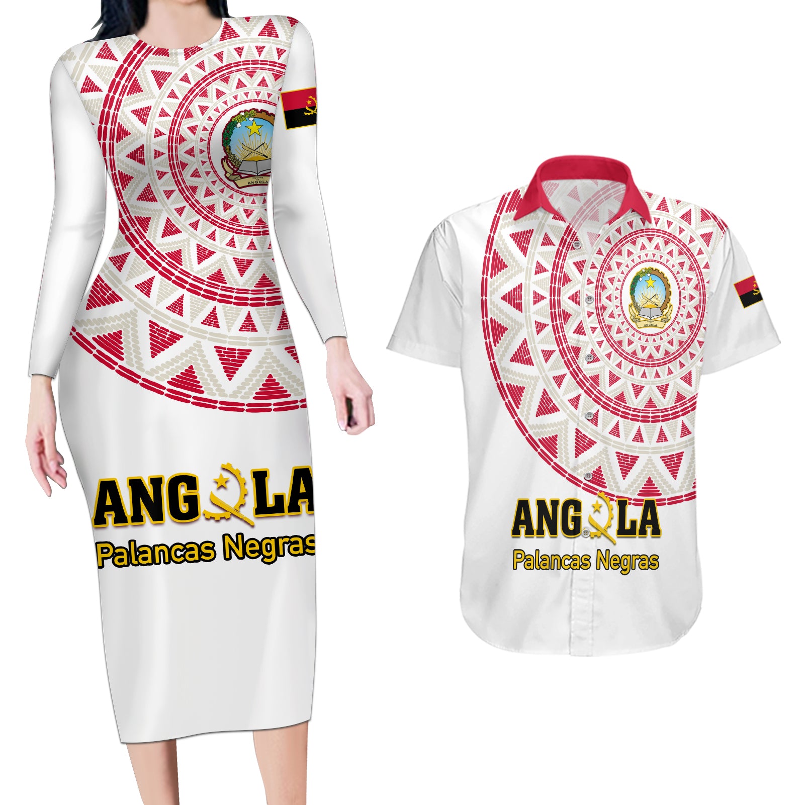 Angola Football Couples Matching Long Sleeve Bodycon Dress and Hawaiian Shirt Go Palancas Negras White Version