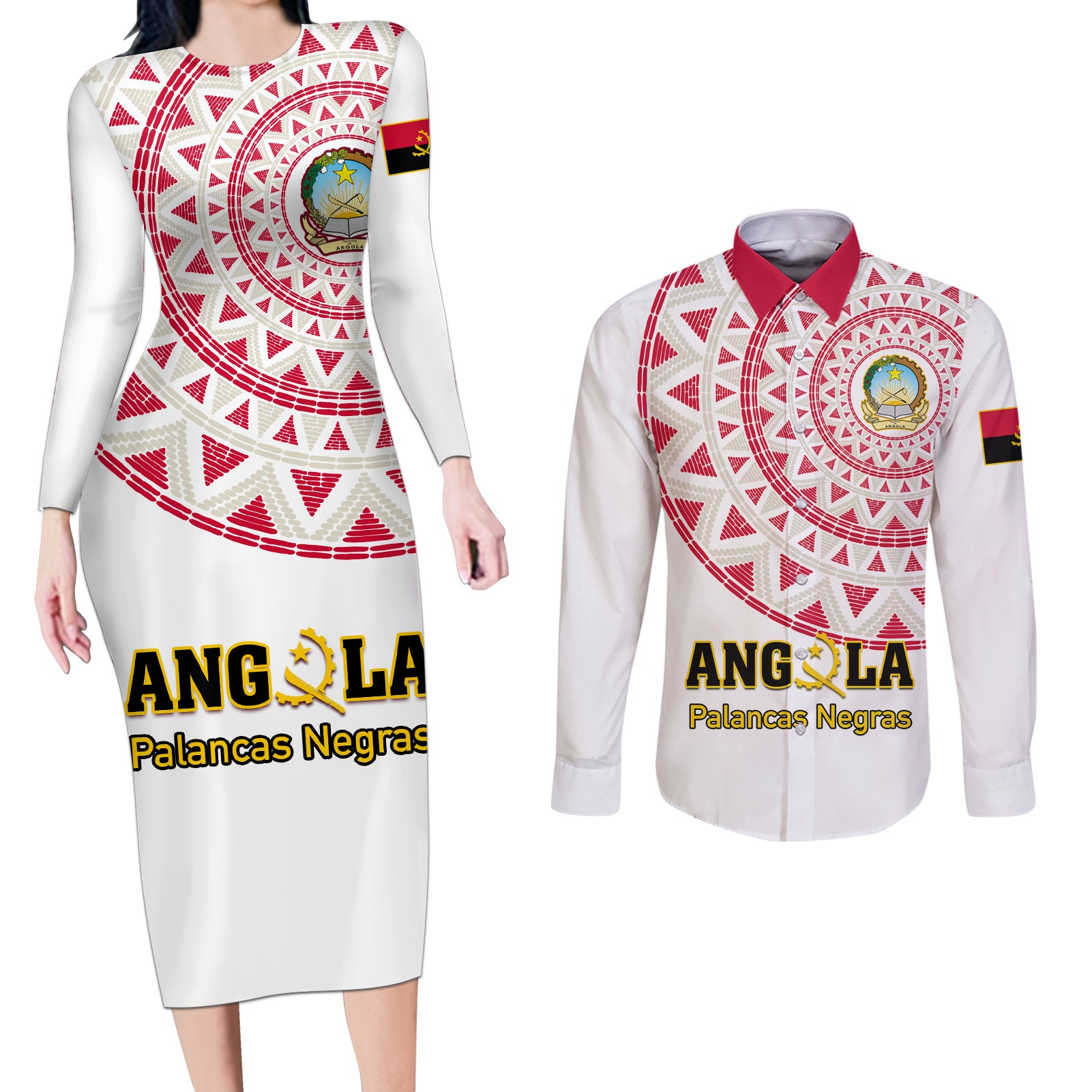 Angola Football Couples Matching Long Sleeve Bodycon Dress and Long Sleeve Button Shirt Go Palancas Negras White Version