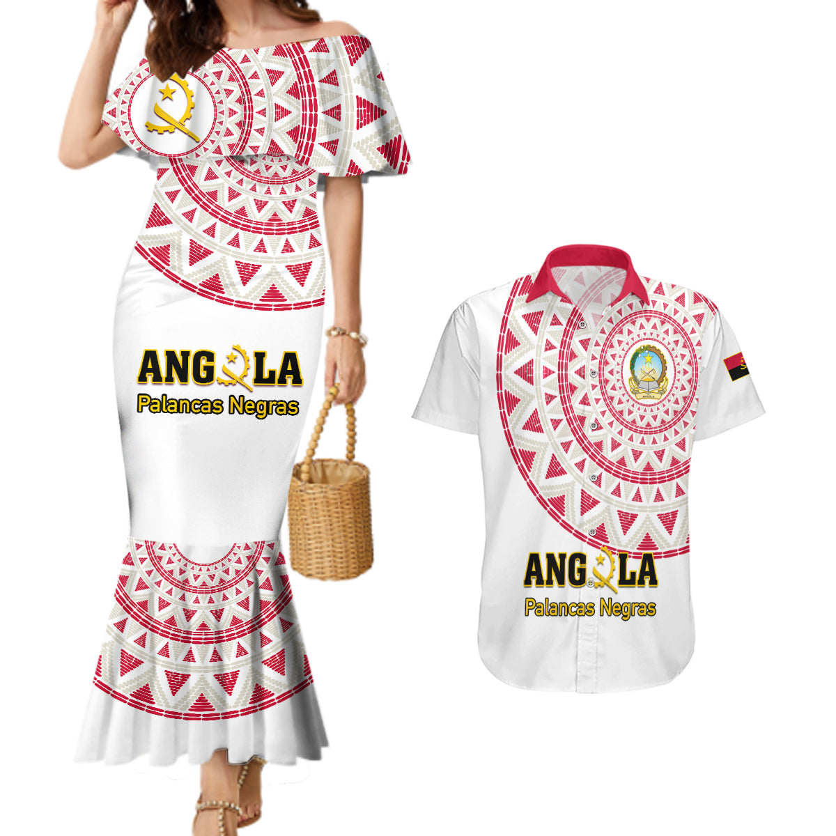 Angola Football Couples Matching Mermaid Dress and Hawaiian Shirt Go Palancas Negras White Version