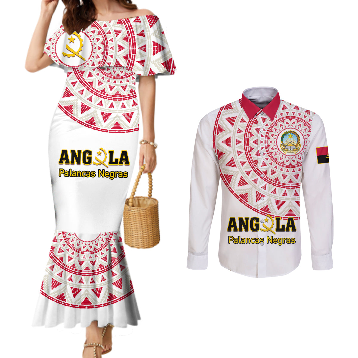 Angola Football Couples Matching Mermaid Dress and Long Sleeve Button Shirt Go Palancas Negras White Version