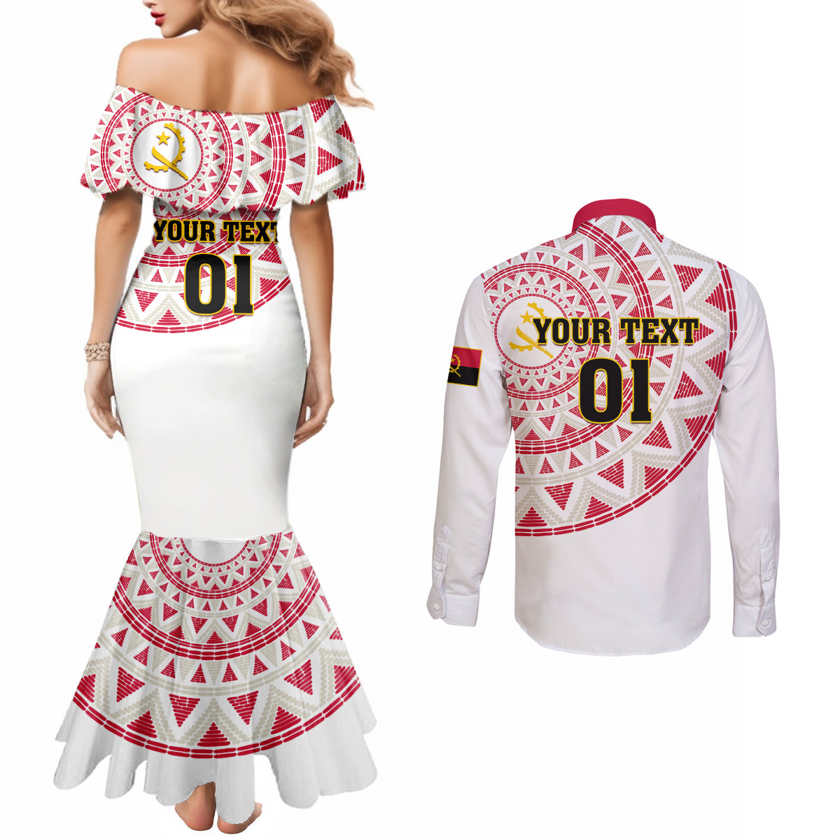 Angola Football Couples Matching Mermaid Dress and Long Sleeve Button Shirt Go Palancas Negras White Version