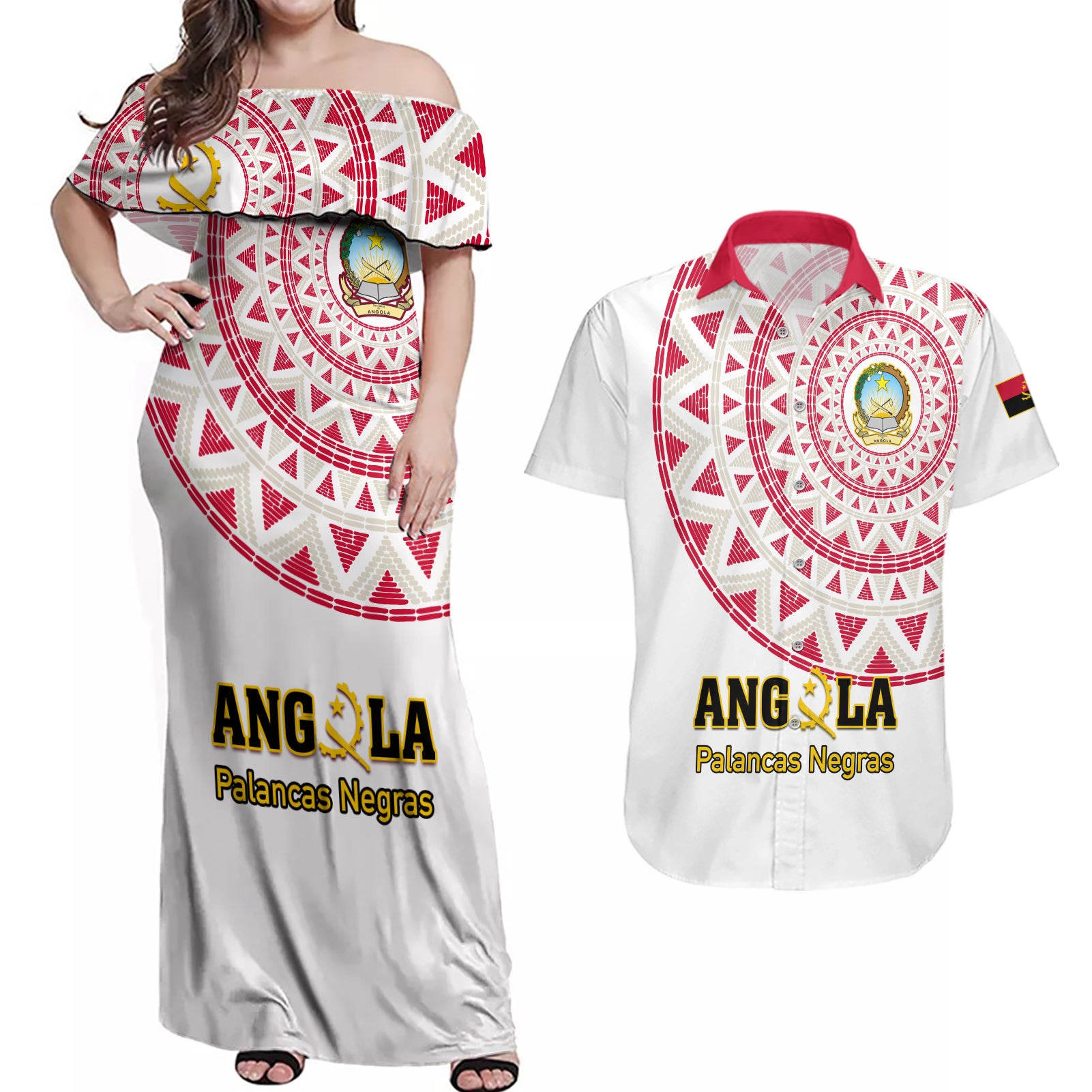 Angola Football Couples Matching Off Shoulder Maxi Dress and Hawaiian Shirt Go Palancas Negras White Version