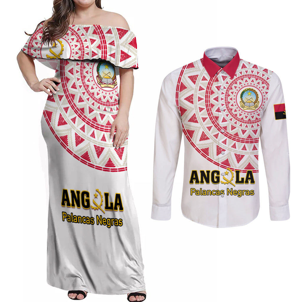 Angola Football Couples Matching Off Shoulder Maxi Dress and Long Sleeve Button Shirt Go Palancas Negras White Version
