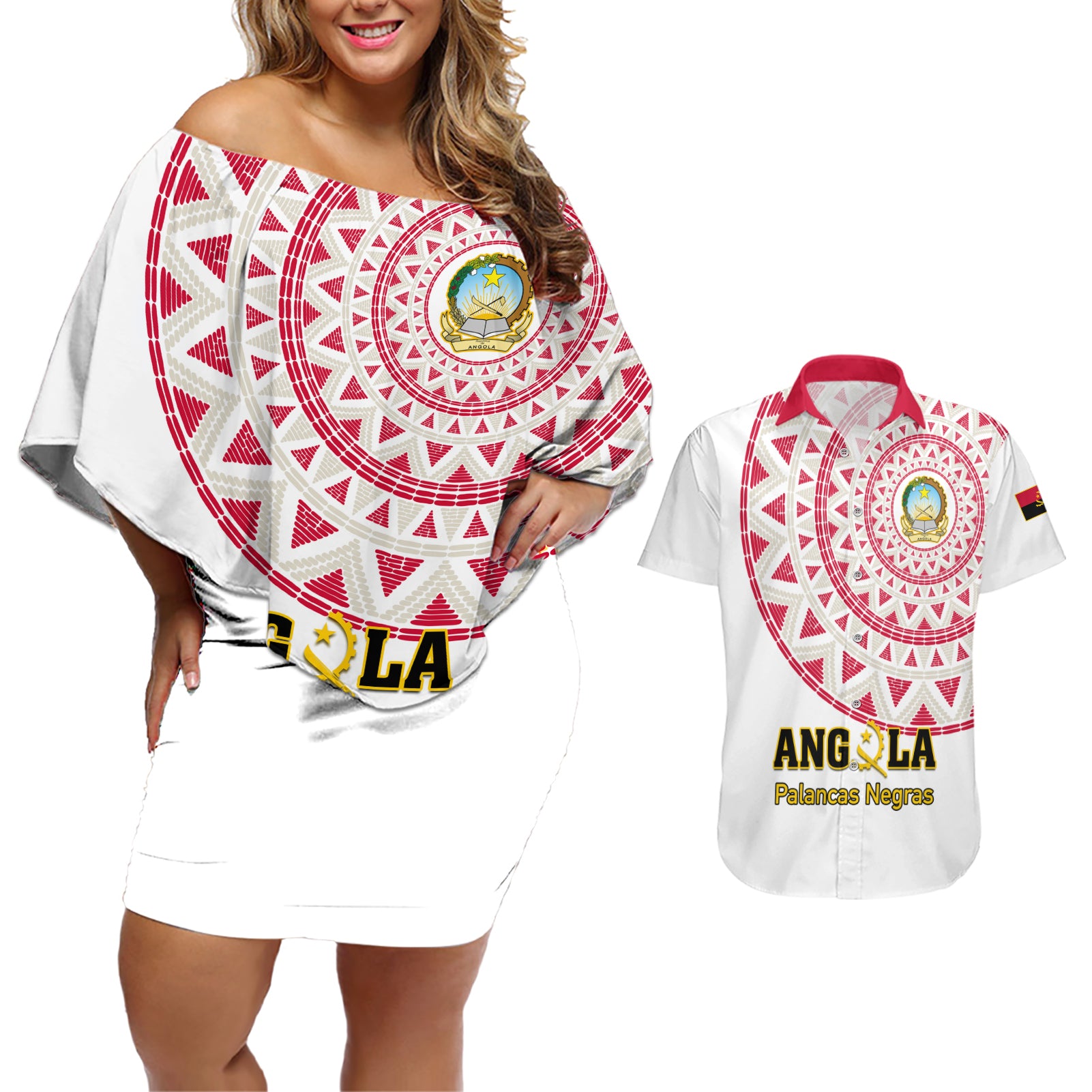 Angola Football Couples Matching Off Shoulder Short Dress and Hawaiian Shirt Go Palancas Negras White Version