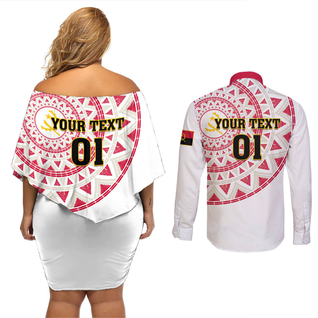 Angola Football Couples Matching Off Shoulder Short Dress and Long Sleeve Button Shirt Go Palancas Negras White Version - Wonder Print Shop