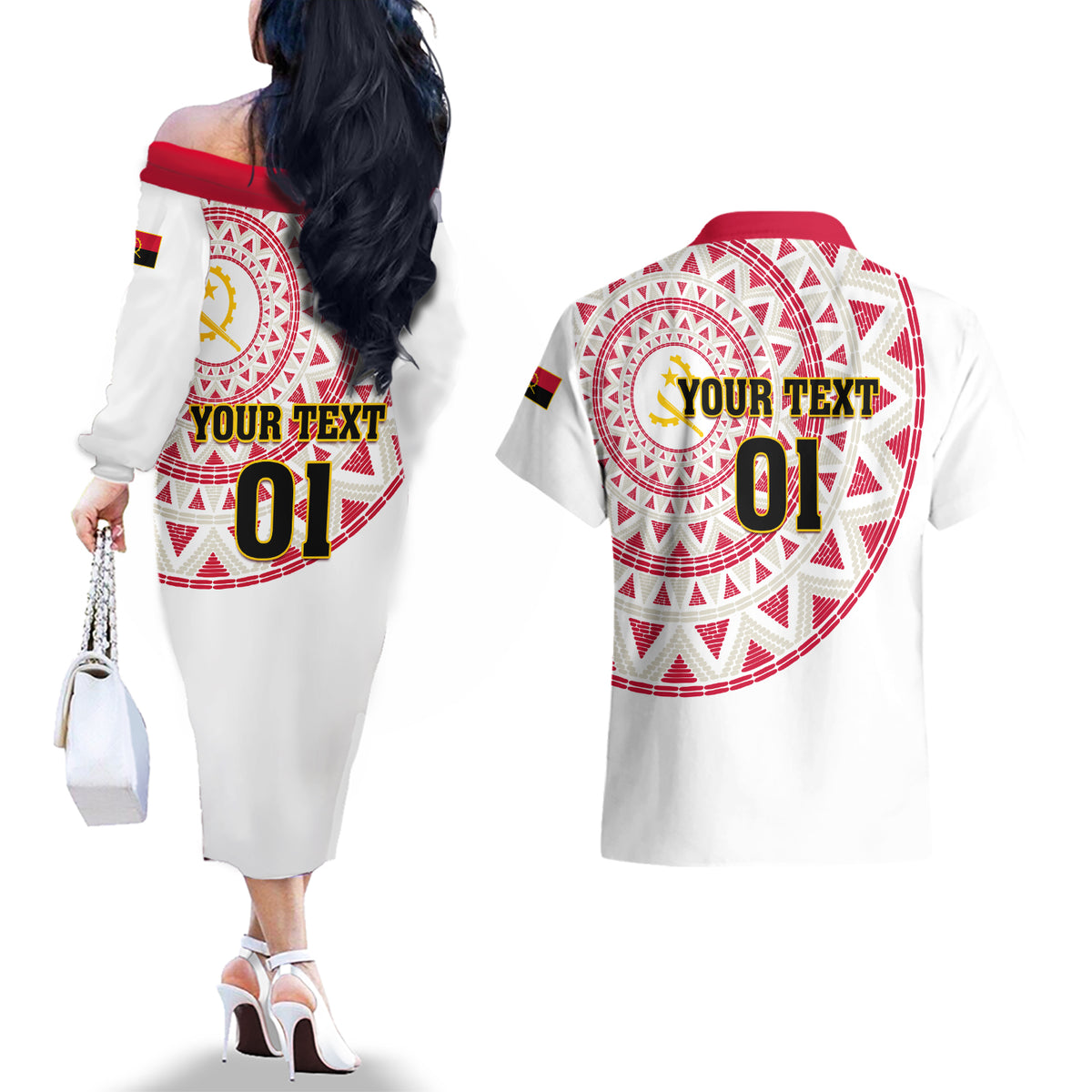 Angola Football Couples Matching Off The Shoulder Long Sleeve Dress and Hawaiian Shirt Go Palancas Negras White Version - Wonder Print Shop