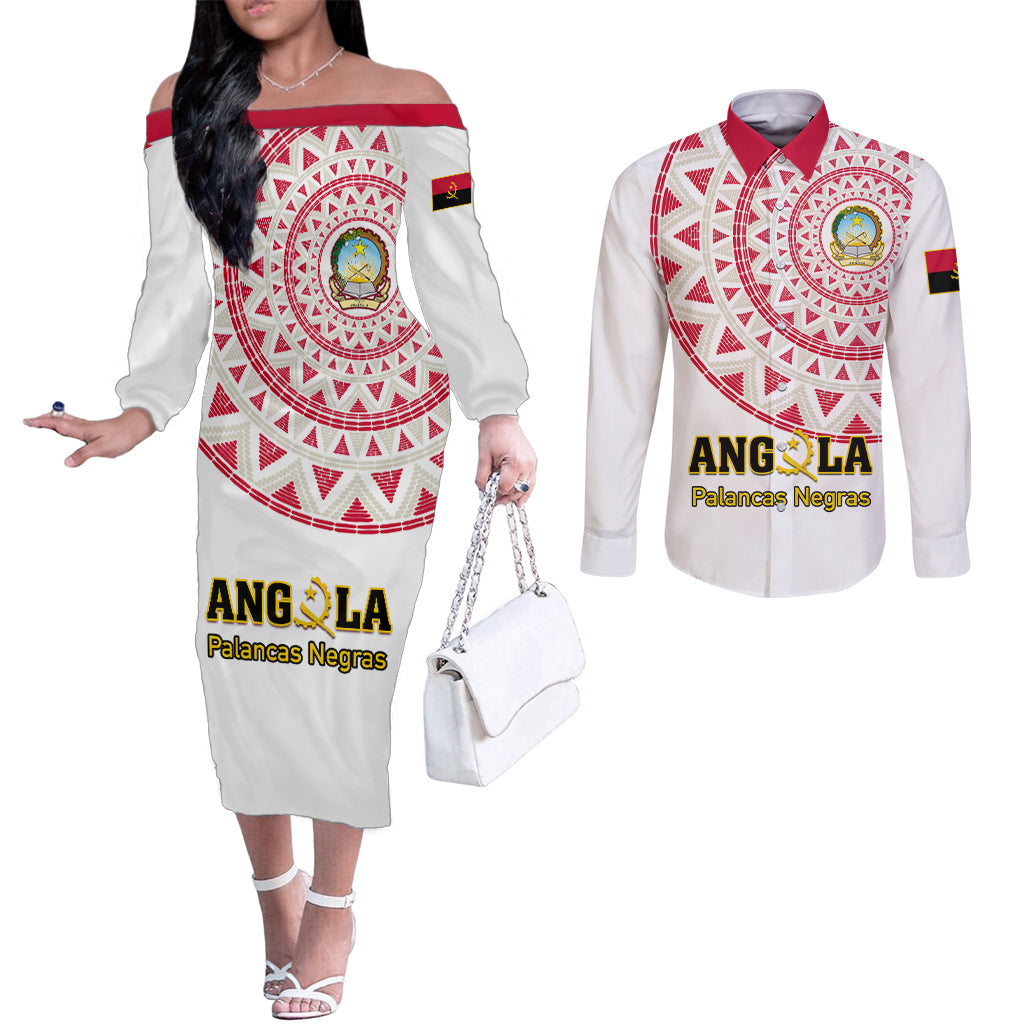 Angola Football Couples Matching Off The Shoulder Long Sleeve Dress and Long Sleeve Button Shirt Go Palancas Negras White Version