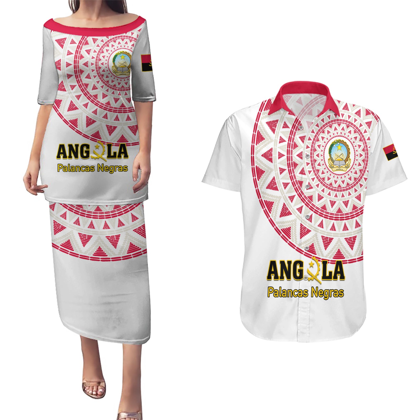 Angola Football Couples Matching Puletasi and Hawaiian Shirt Go Palancas Negras White Version