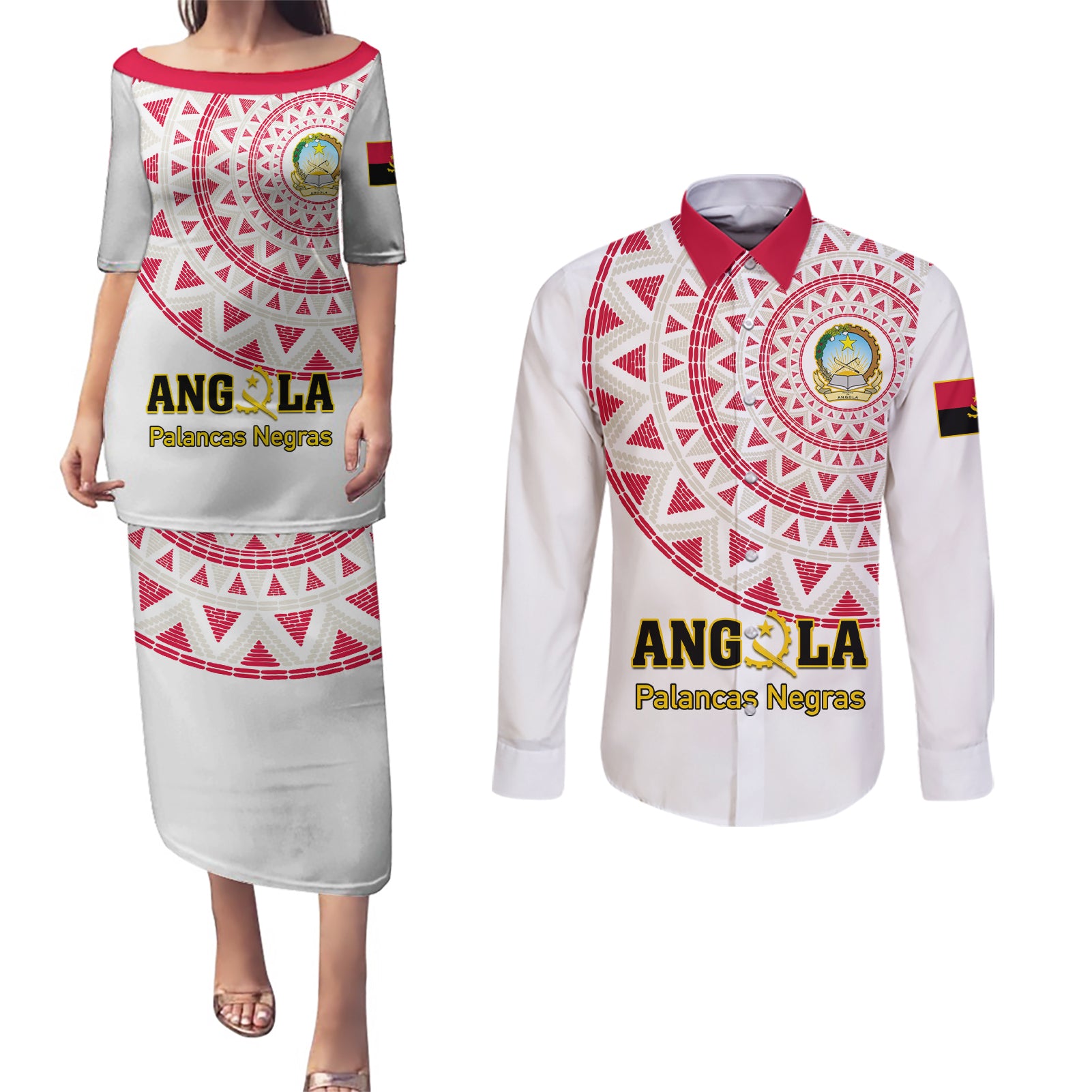 Angola Football Couples Matching Puletasi and Long Sleeve Button Shirt Go Palancas Negras White Version