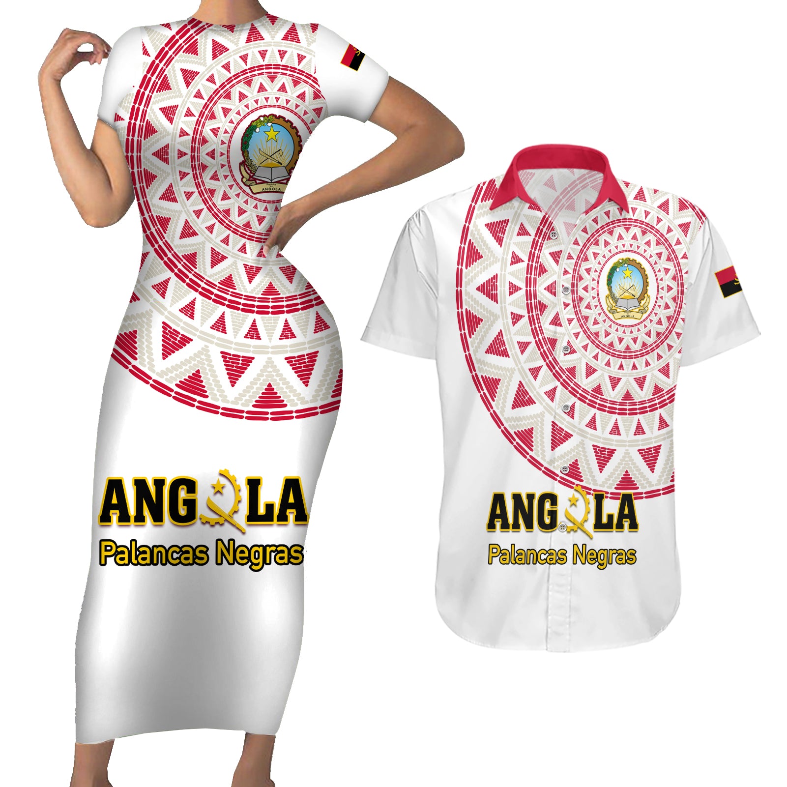 Angola Football Couples Matching Short Sleeve Bodycon Dress and Hawaiian Shirt Go Palancas Negras White Version