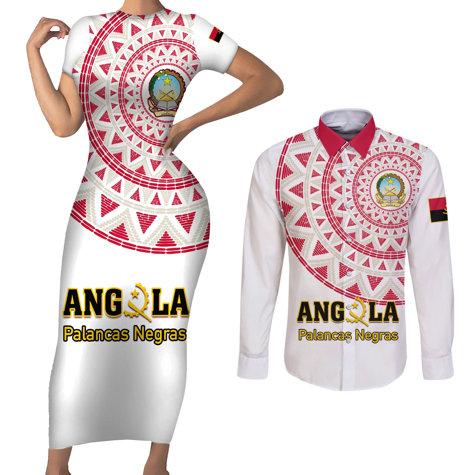Angola Football Couples Matching Short Sleeve Bodycon Dress and Long Sleeve Button Shirt Go Palancas Negras White Version