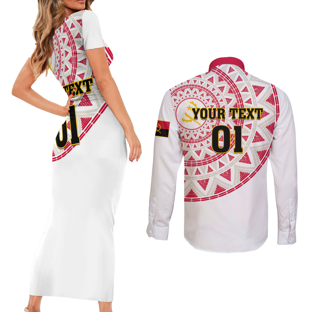 Angola Football Couples Matching Short Sleeve Bodycon Dress and Long Sleeve Button Shirt Go Palancas Negras White Version - Wonder Print Shop
