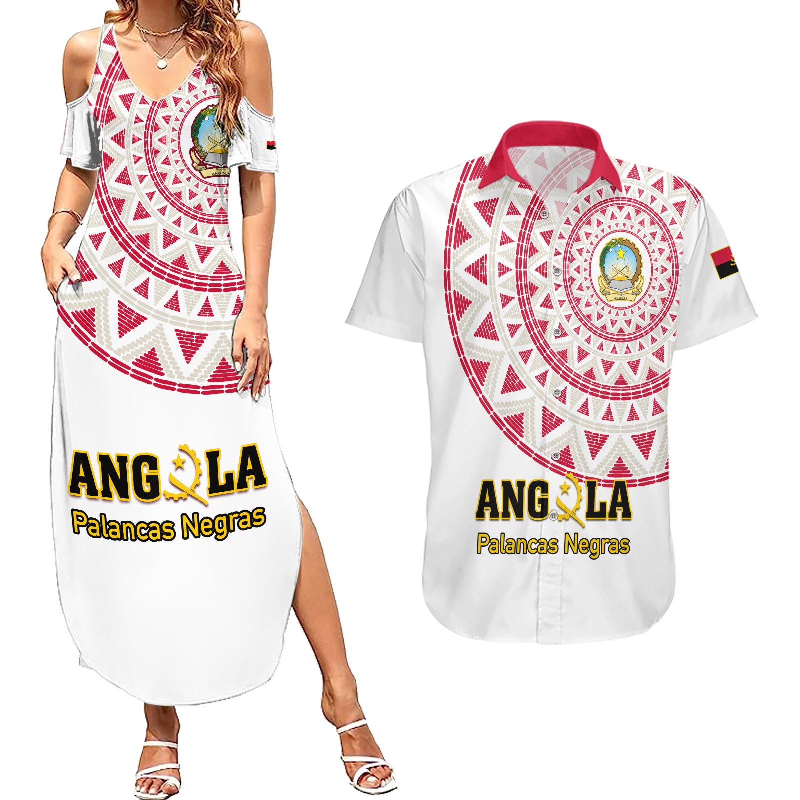 Angola Football Couples Matching Summer Maxi Dress and Hawaiian Shirt Go Palancas Negras White Version