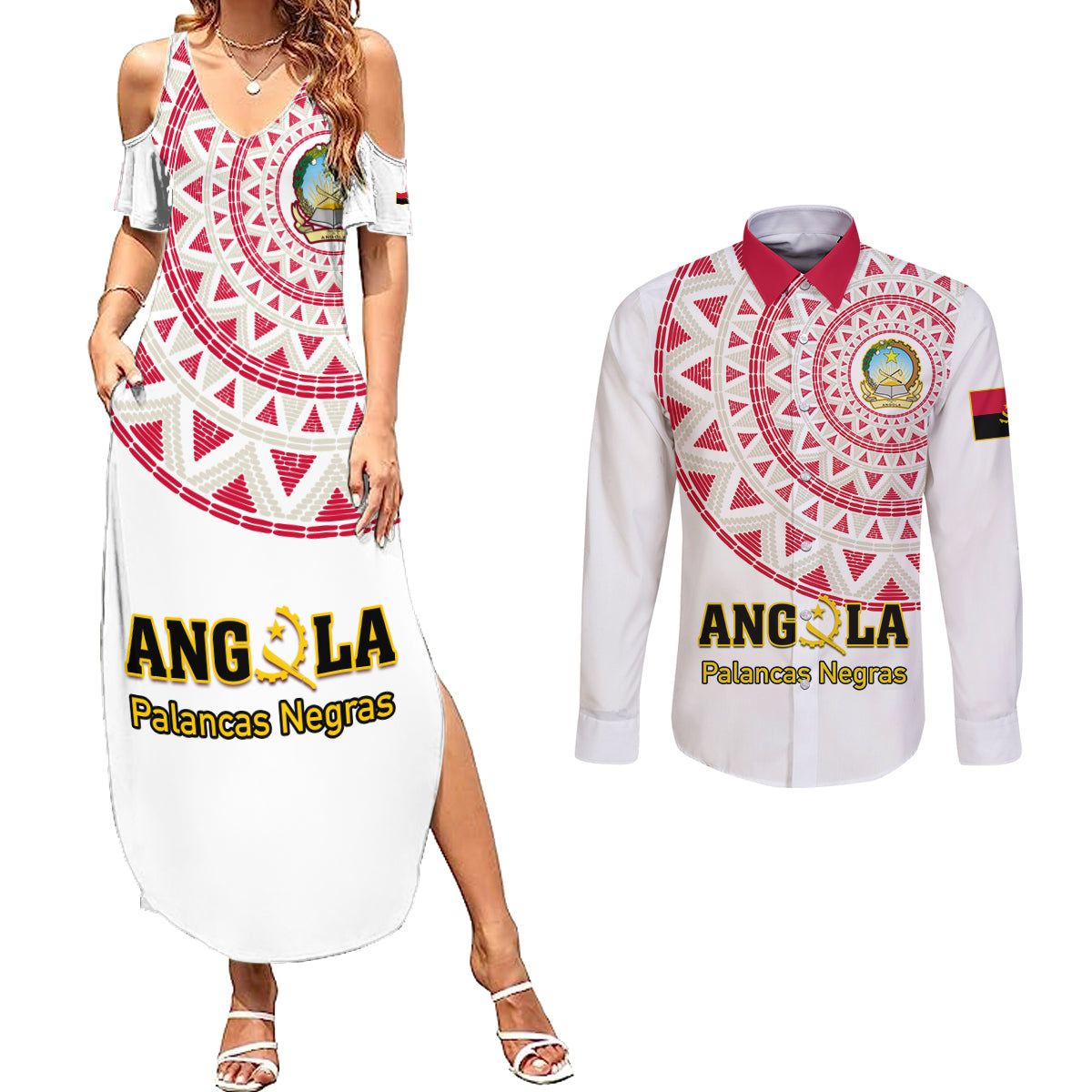 Angola Football Couples Matching Summer Maxi Dress and Long Sleeve Button Shirt Go Palancas Negras White Version