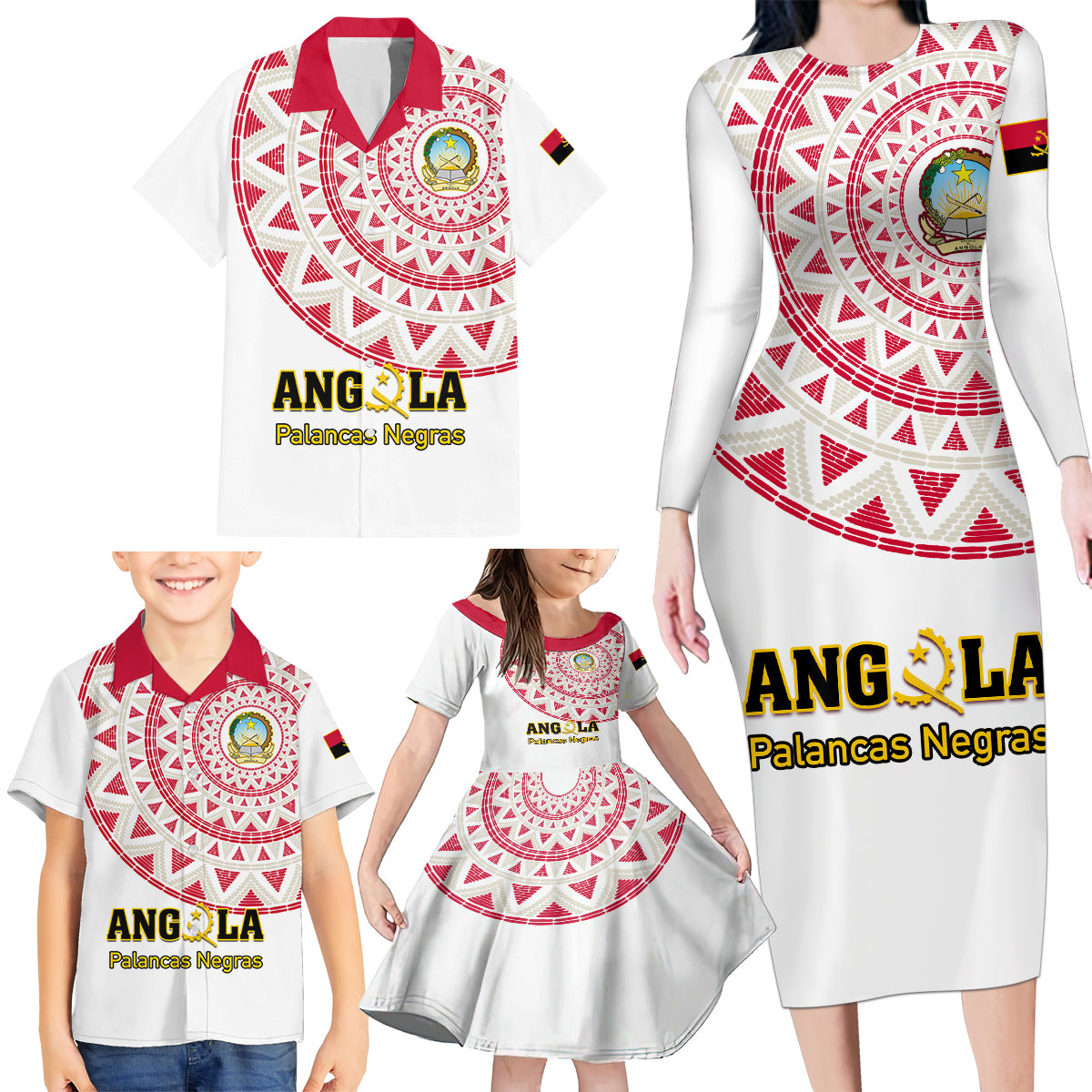 Angola Football Family Matching Long Sleeve Bodycon Dress and Hawaiian Shirt Go Palancas Negras White Version