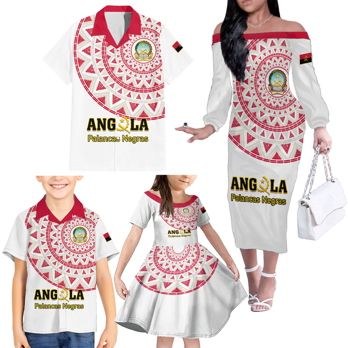 Angola Football Family Matching Off Shoulder Long Sleeve Dress and Hawaiian Shirt Go Palancas Negras White Version