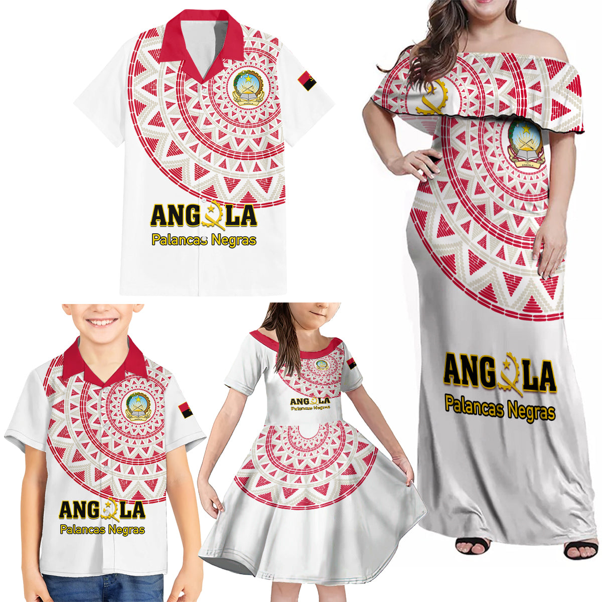 Angola Football Family Matching Off Shoulder Maxi Dress and Hawaiian Shirt Go Palancas Negras White Version