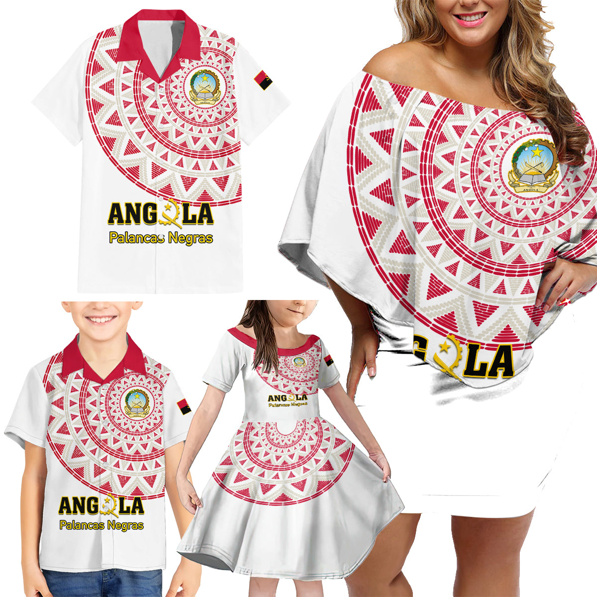 Angola Football Family Matching Off Shoulder Short Dress and Hawaiian Shirt Go Palancas Negras White Version