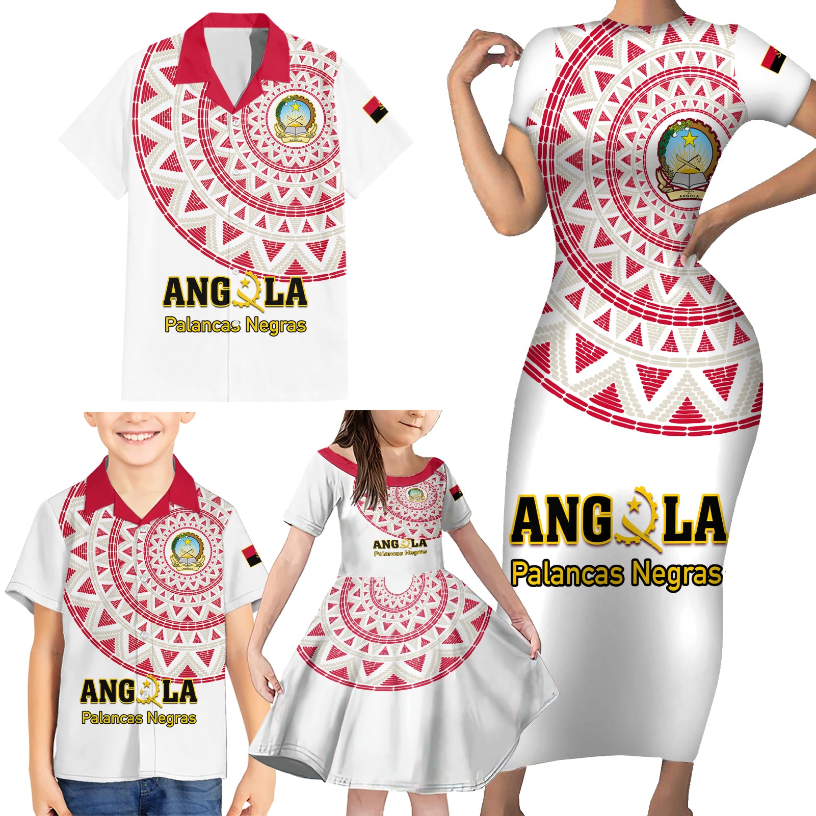 Angola Football Family Matching Short Sleeve Bodycon Dress and Hawaiian Shirt Go Palancas Negras White Version