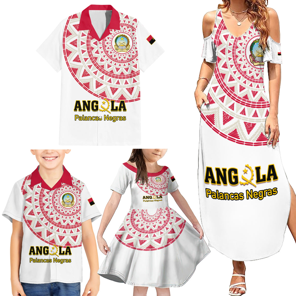 Angola Football Family Matching Summer Maxi Dress and Hawaiian Shirt Go Palancas Negras White Version