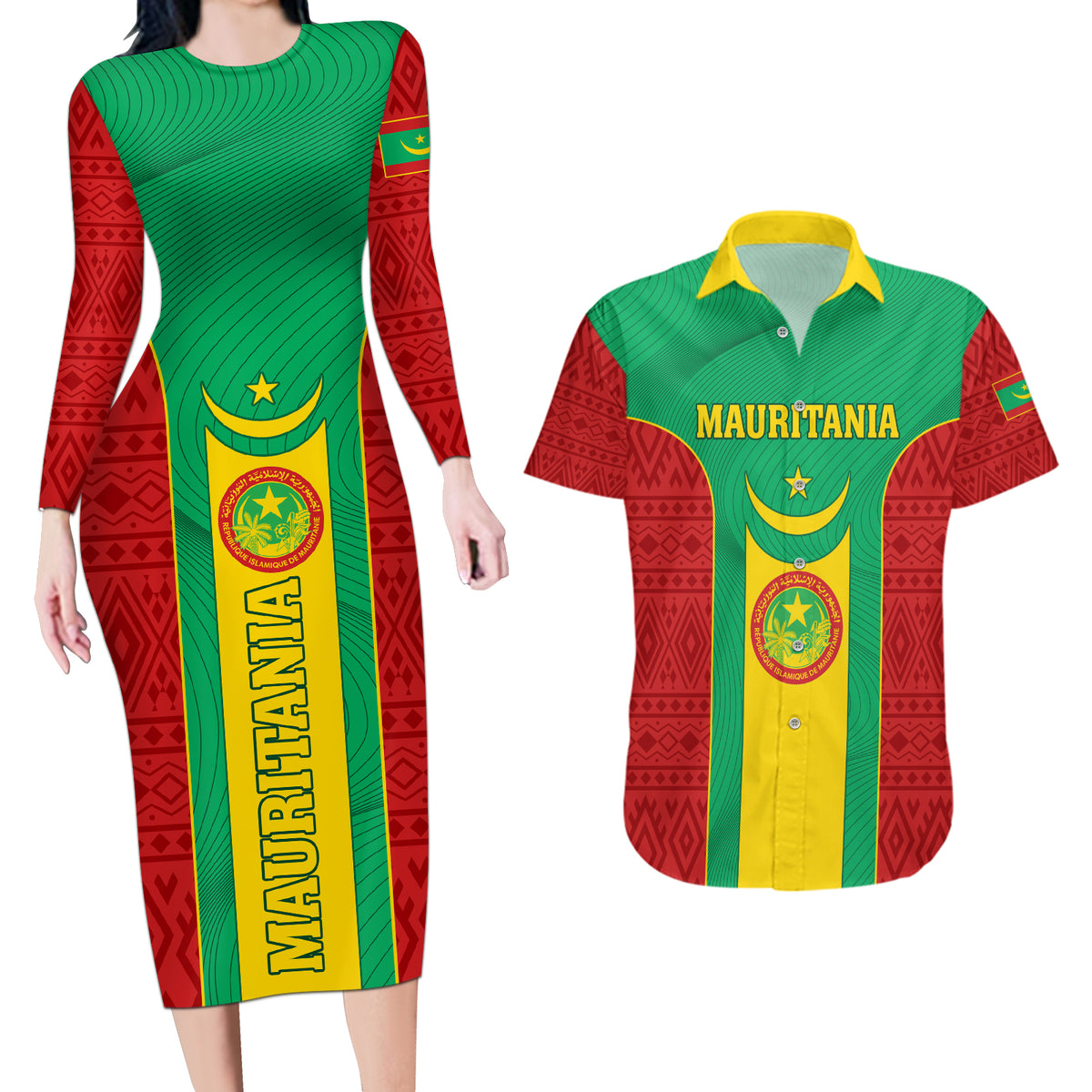 Mauritania Football Couples Matching Long Sleeve Bodycon Dress and Hawaiian Shirt Go Lions of Chinguetti - Wonder Print Shop
