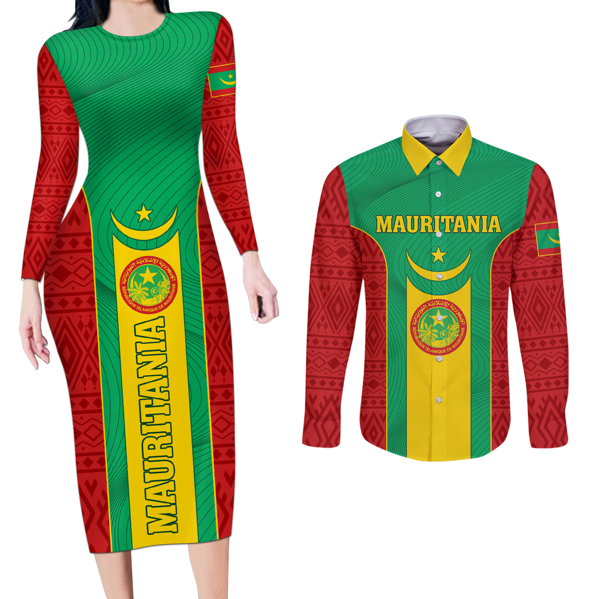 Mauritania Football Couples Matching Long Sleeve Bodycon Dress and Long Sleeve Button Shirt Go Lions of Chinguetti - Wonder Print Shop