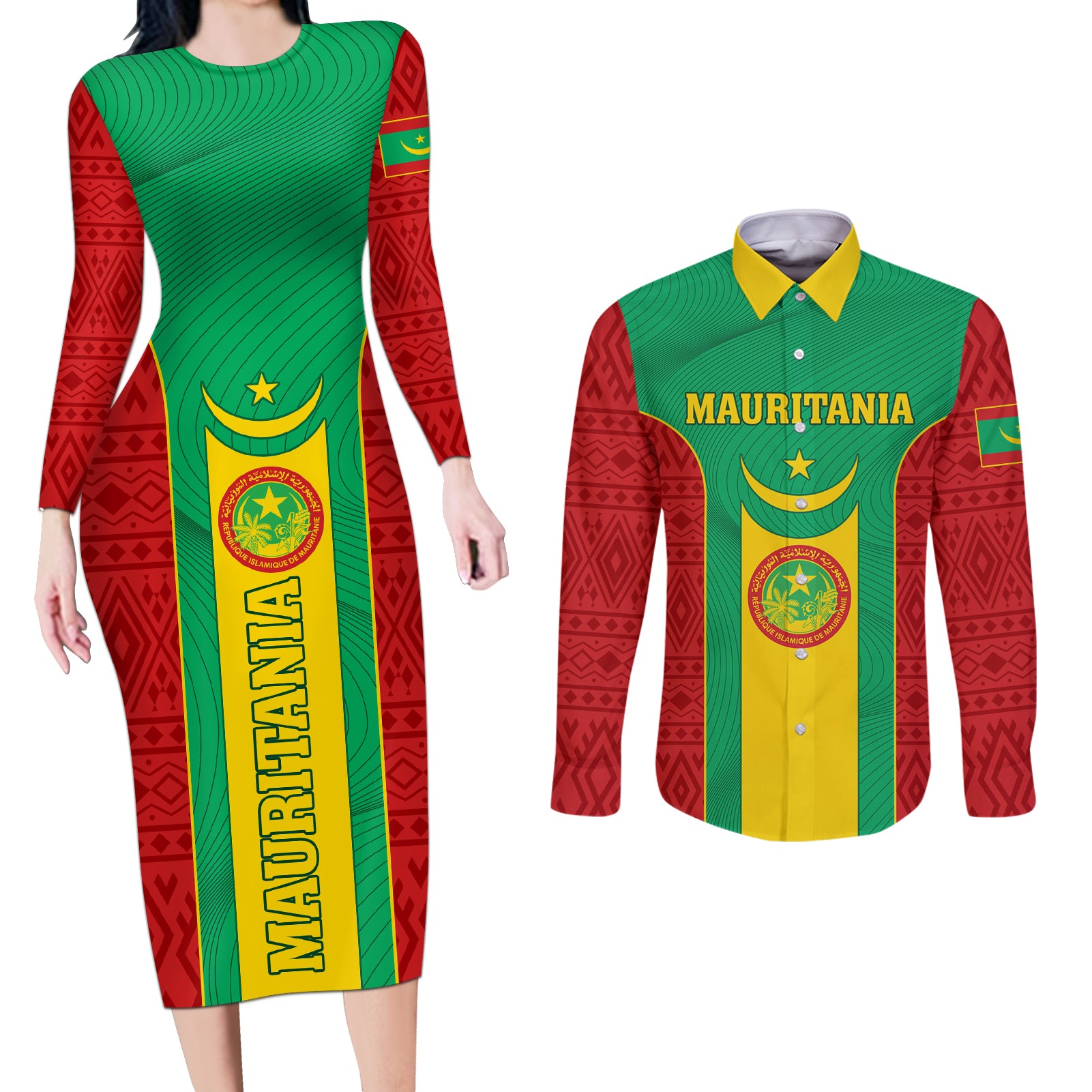 Mauritania Football Couples Matching Long Sleeve Bodycon Dress and Long Sleeve Button Shirt Go Lions of Chinguetti