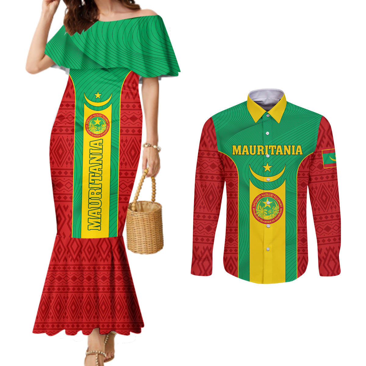 Mauritania Football Couples Matching Mermaid Dress and Long Sleeve Button Shirt Go Lions of Chinguetti