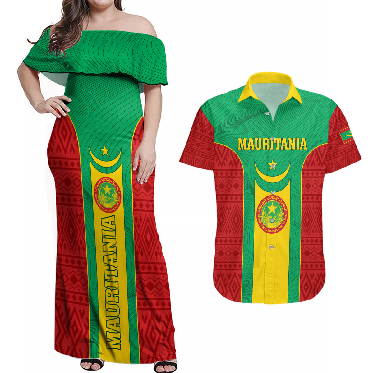 Mauritania Football Couples Matching Off Shoulder Maxi Dress and Hawaiian Shirt Go Lions of Chinguetti - Wonder Print Shop