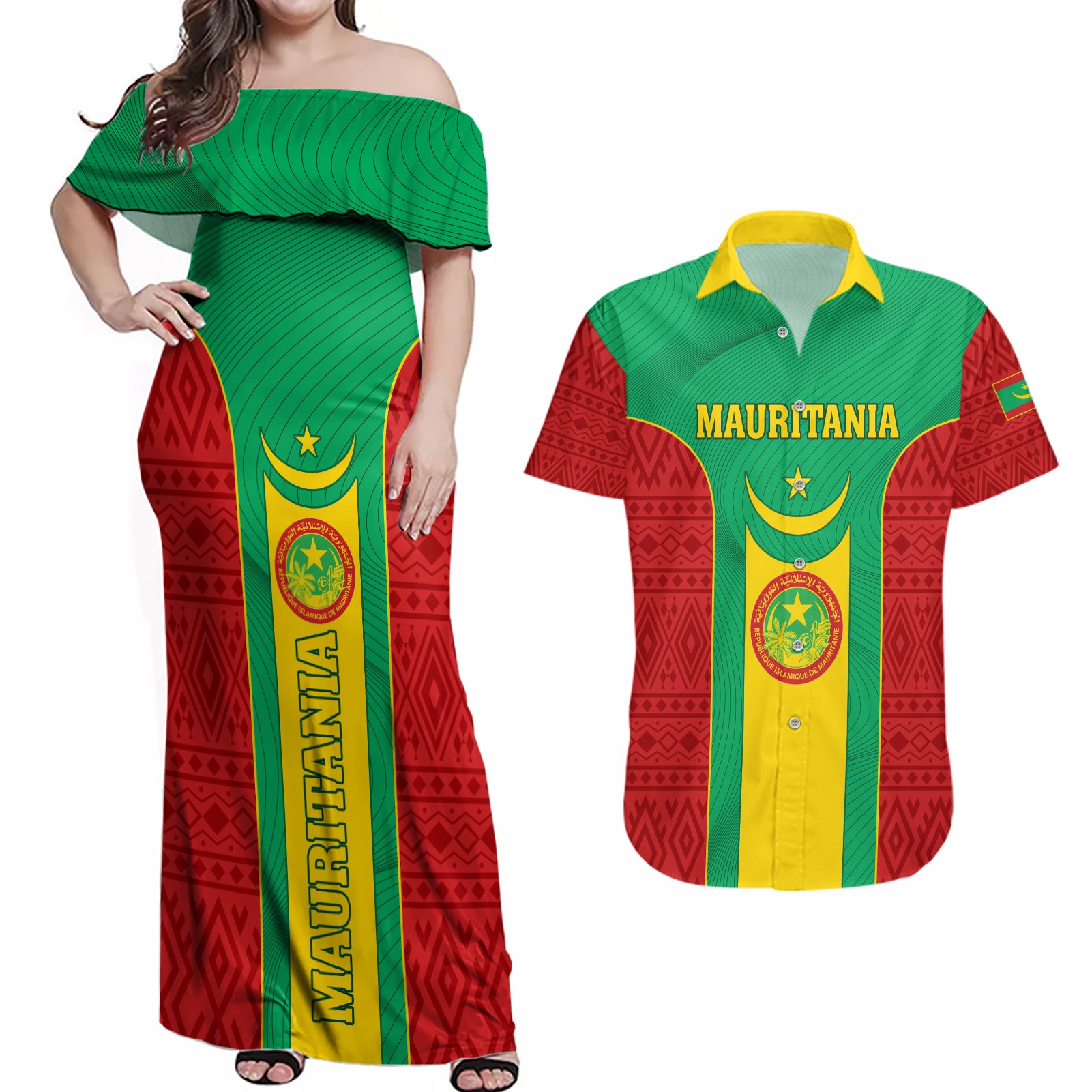 Mauritania Football Couples Matching Off Shoulder Maxi Dress and Hawaiian Shirt Go Lions of Chinguetti