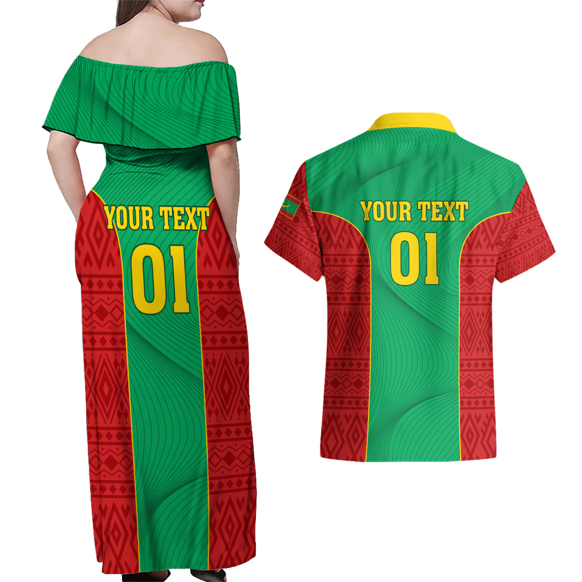 Mauritania Football Couples Matching Off Shoulder Maxi Dress and Hawaiian Shirt Go Lions of Chinguetti - Wonder Print Shop