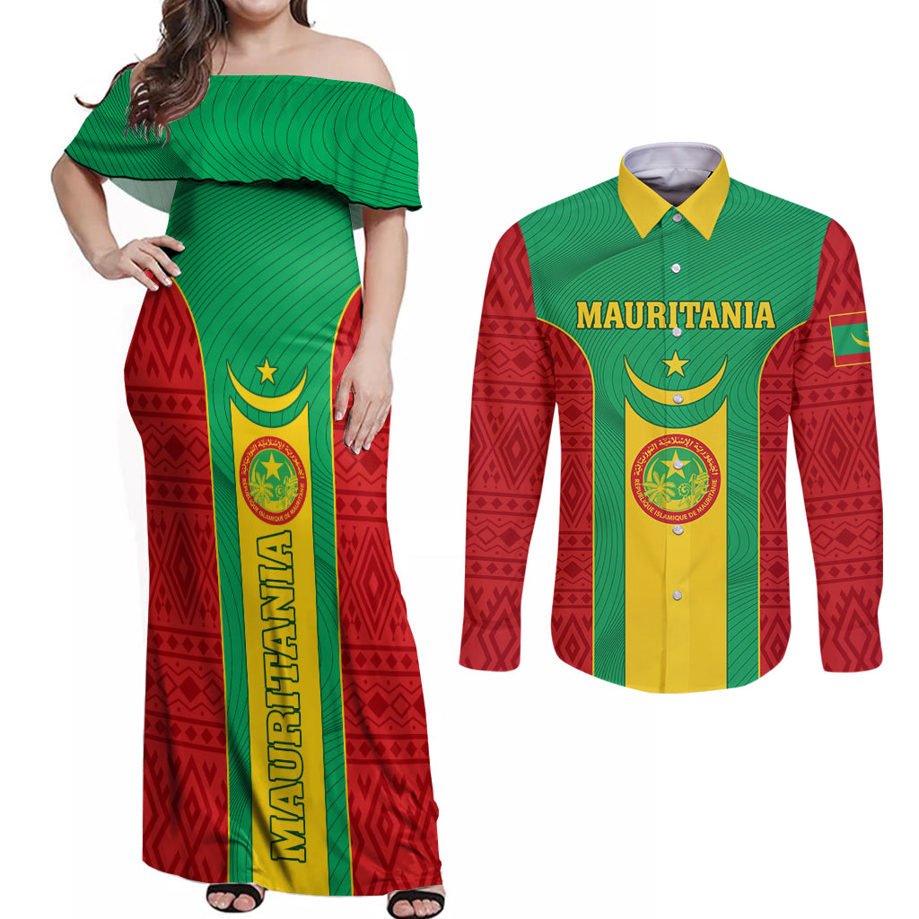 Mauritania Football Couples Matching Off Shoulder Maxi Dress and Long Sleeve Button Shirt Go Lions of Chinguetti