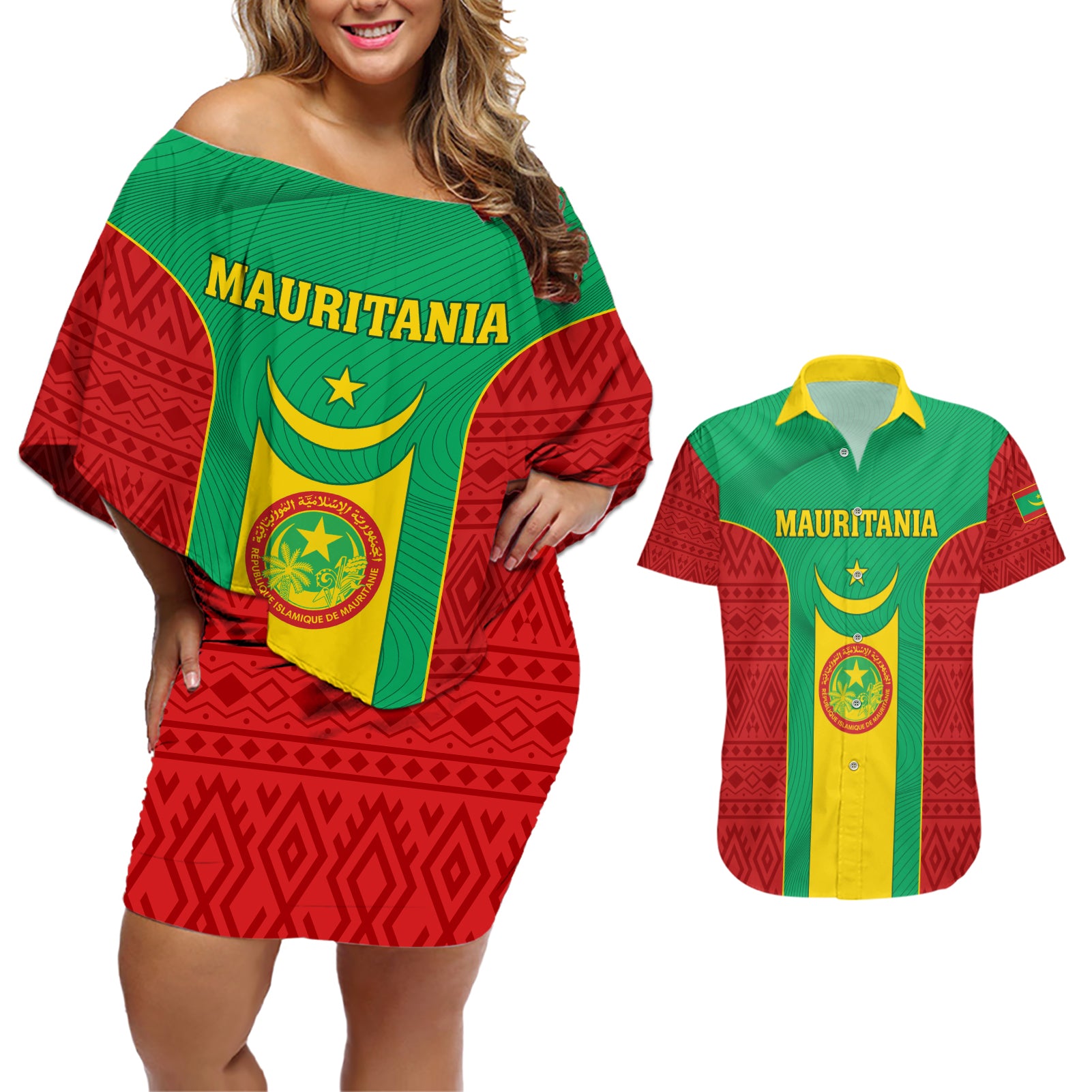 Mauritania Football Couples Matching Off Shoulder Short Dress and Hawaiian Shirt Go Lions of Chinguetti