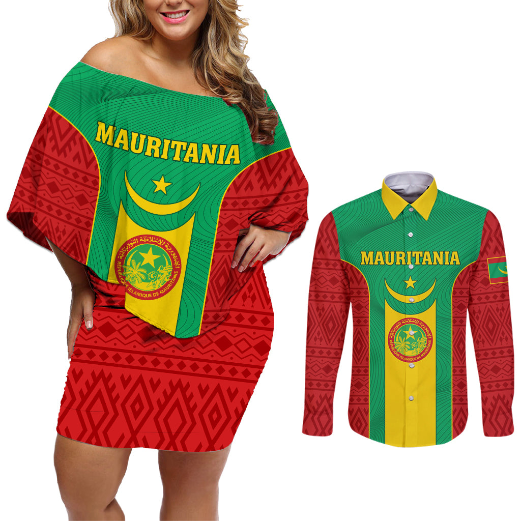 Mauritania Football Couples Matching Off Shoulder Short Dress and Long Sleeve Button Shirt Go Lions of Chinguetti