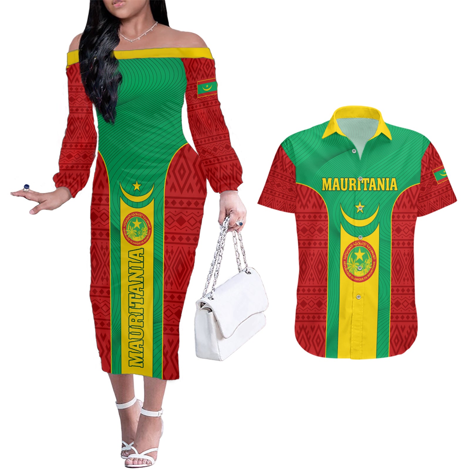 Mauritania Football Couples Matching Off The Shoulder Long Sleeve Dress and Hawaiian Shirt Go Lions of Chinguetti