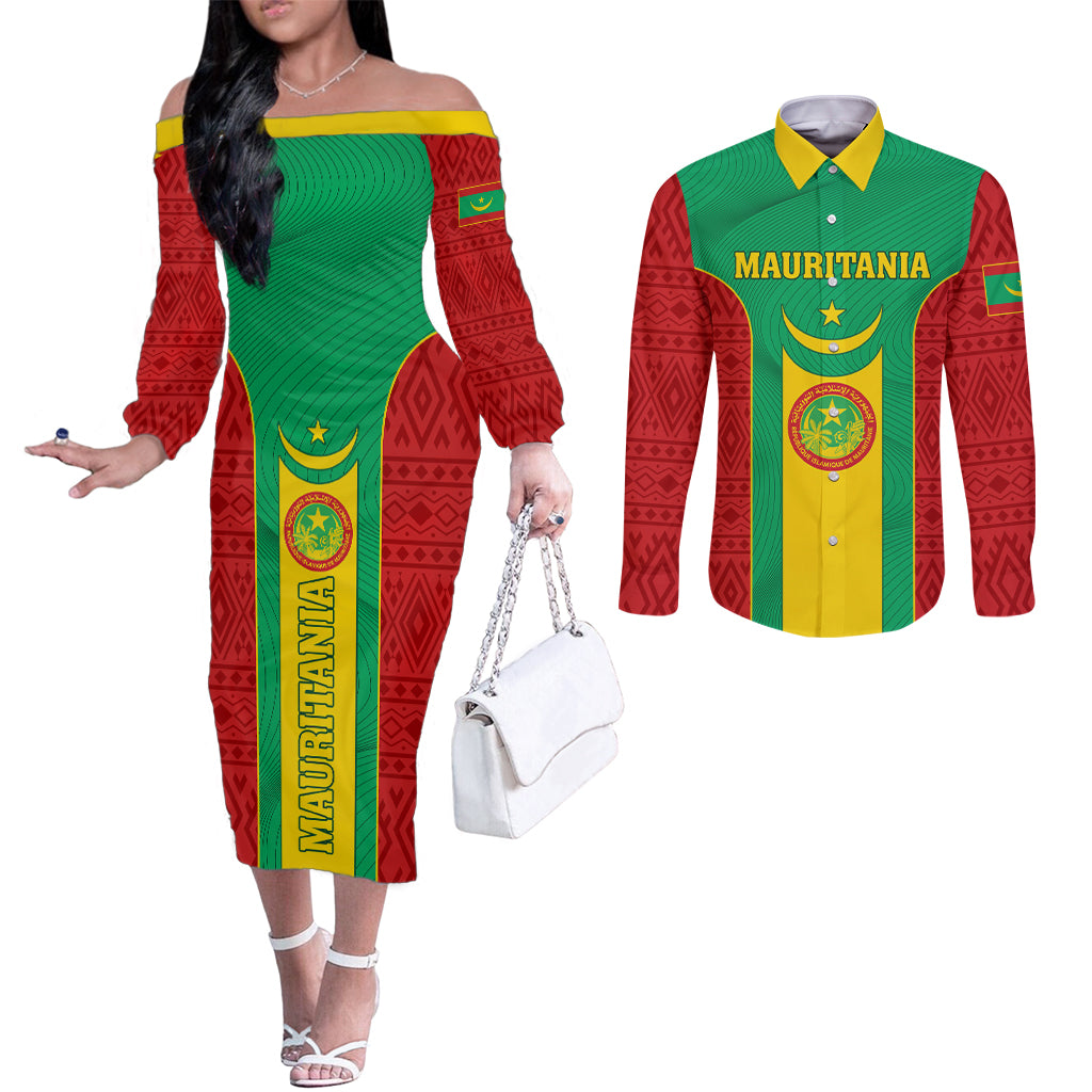 Mauritania Football Couples Matching Off The Shoulder Long Sleeve Dress and Long Sleeve Button Shirt Go Lions of Chinguetti