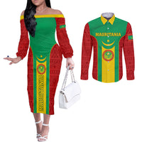 Mauritania Football Couples Matching Off The Shoulder Long Sleeve Dress and Long Sleeve Button Shirt Go Lions of Chinguetti
