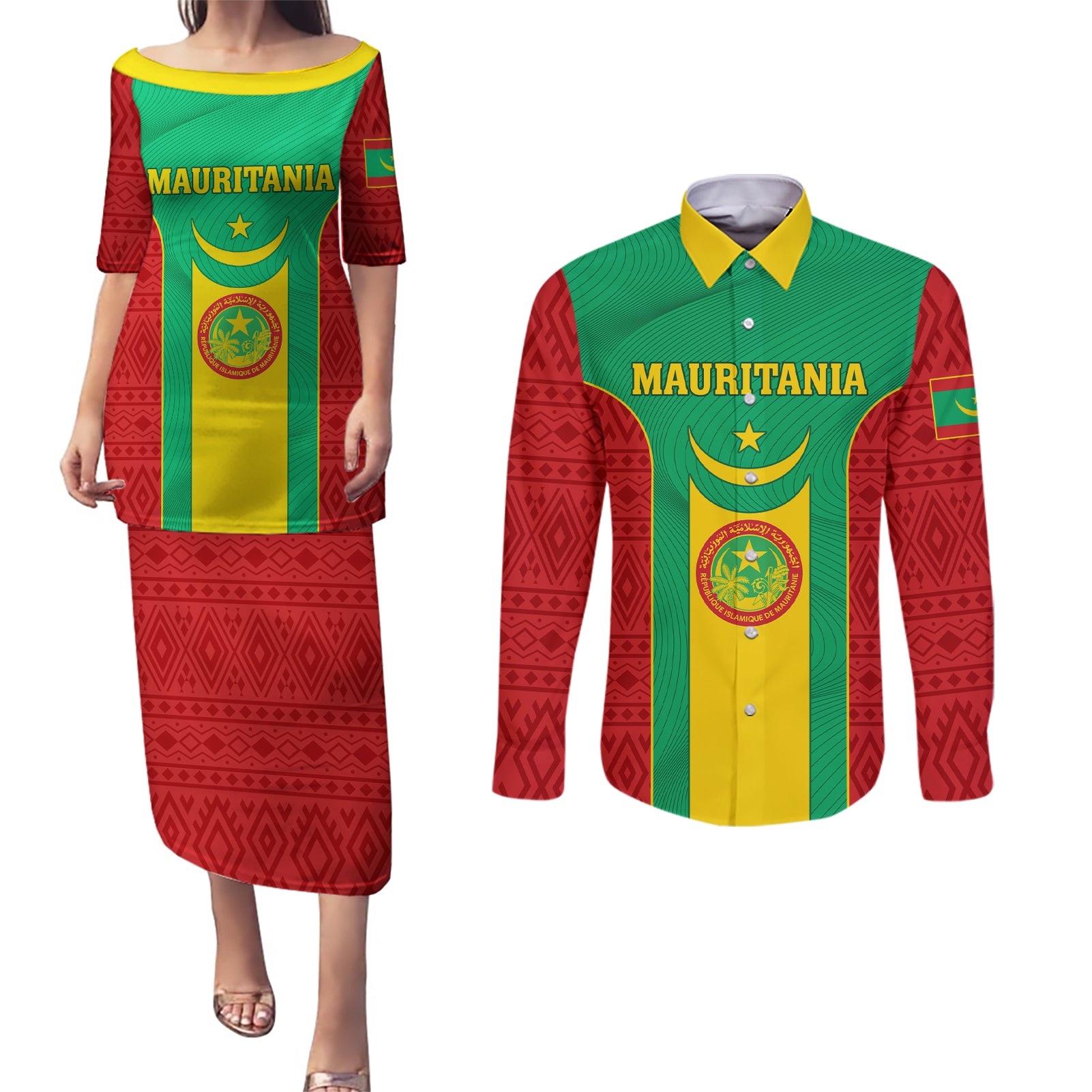 Mauritania Football Couples Matching Puletasi and Long Sleeve Button Shirt Go Lions of Chinguetti