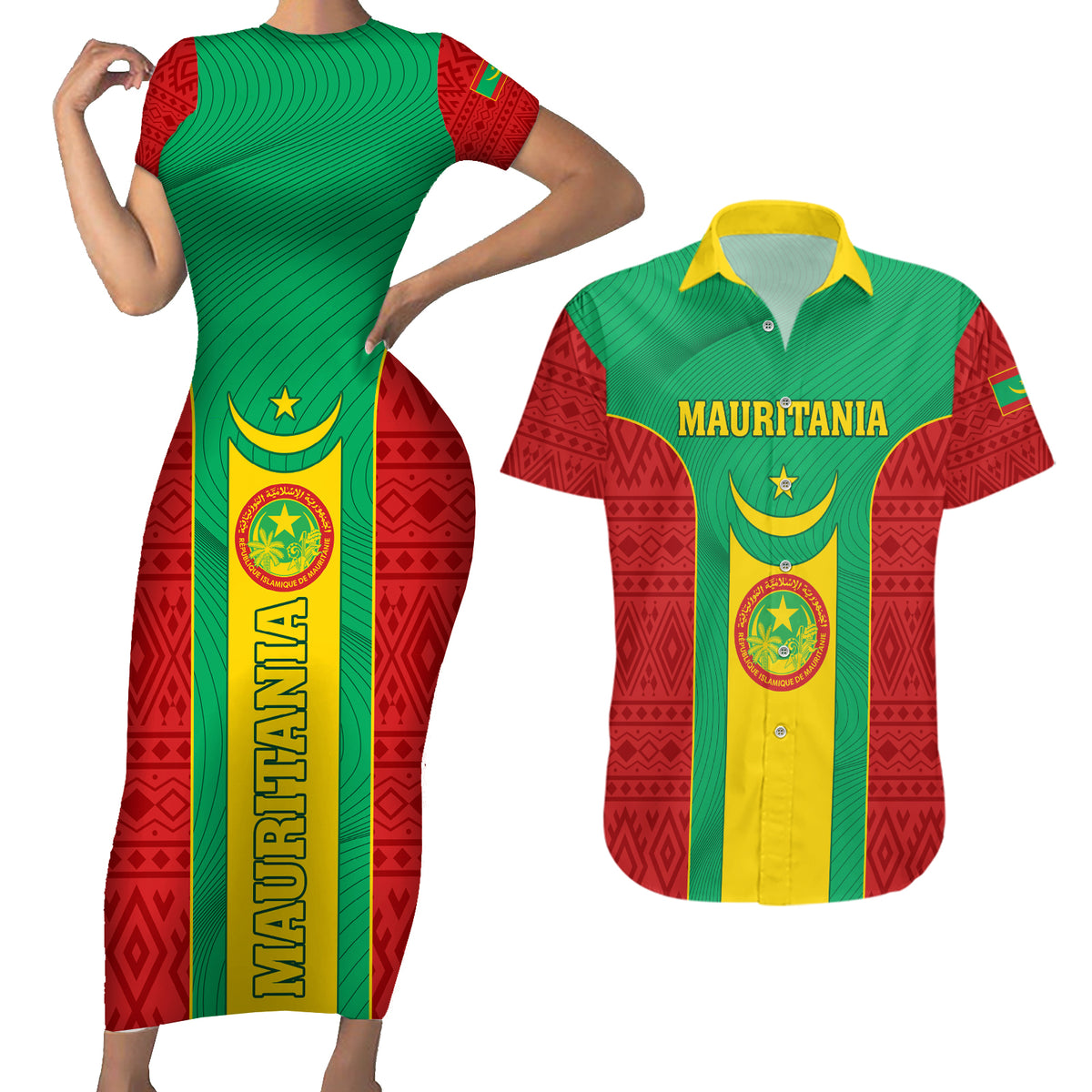 Mauritania Football Couples Matching Short Sleeve Bodycon Dress and Hawaiian Shirt Go Lions of Chinguetti - Wonder Print Shop