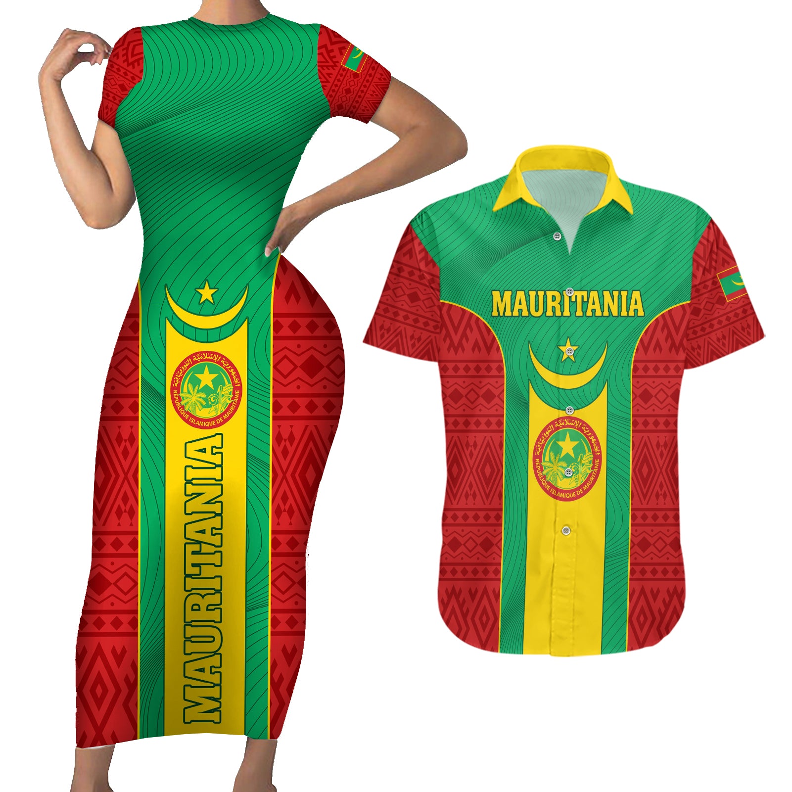 Mauritania Football Couples Matching Short Sleeve Bodycon Dress and Hawaiian Shirt Go Lions of Chinguetti