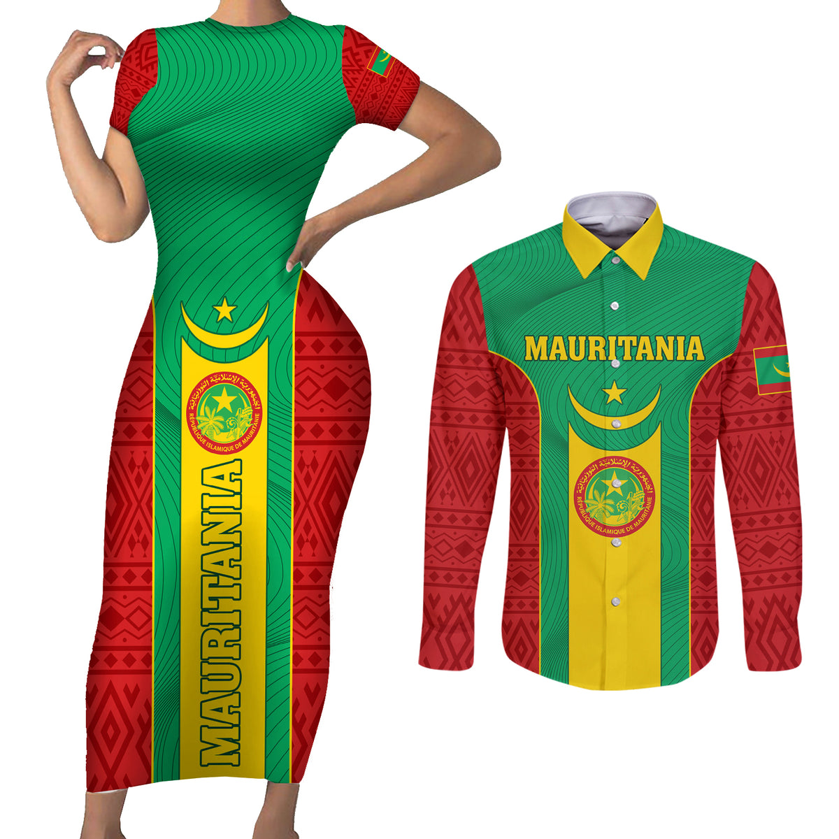 Mauritania Football Couples Matching Short Sleeve Bodycon Dress and Long Sleeve Button Shirt Go Lions of Chinguetti - Wonder Print Shop