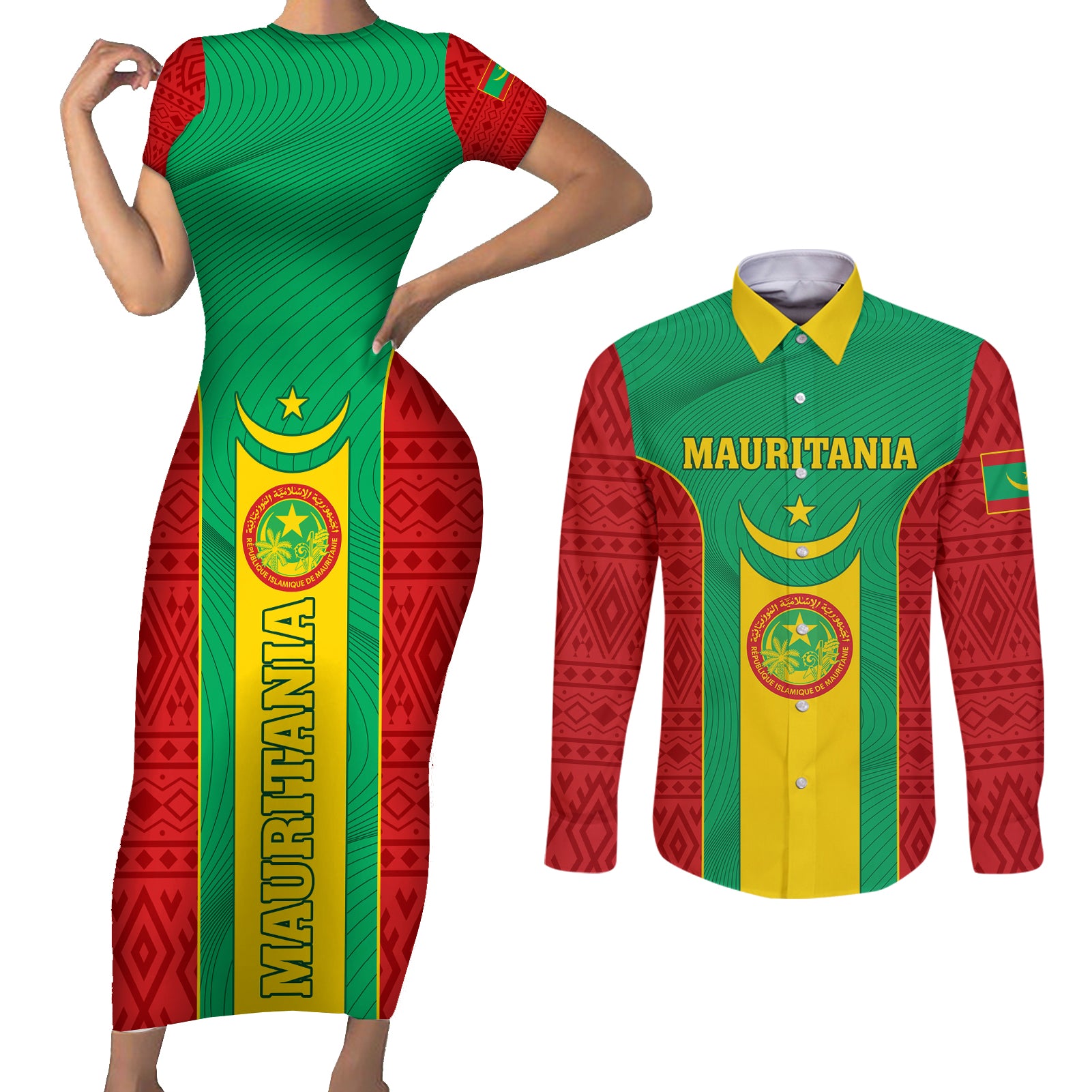 Mauritania Football Couples Matching Short Sleeve Bodycon Dress and Long Sleeve Button Shirt Go Lions of Chinguetti