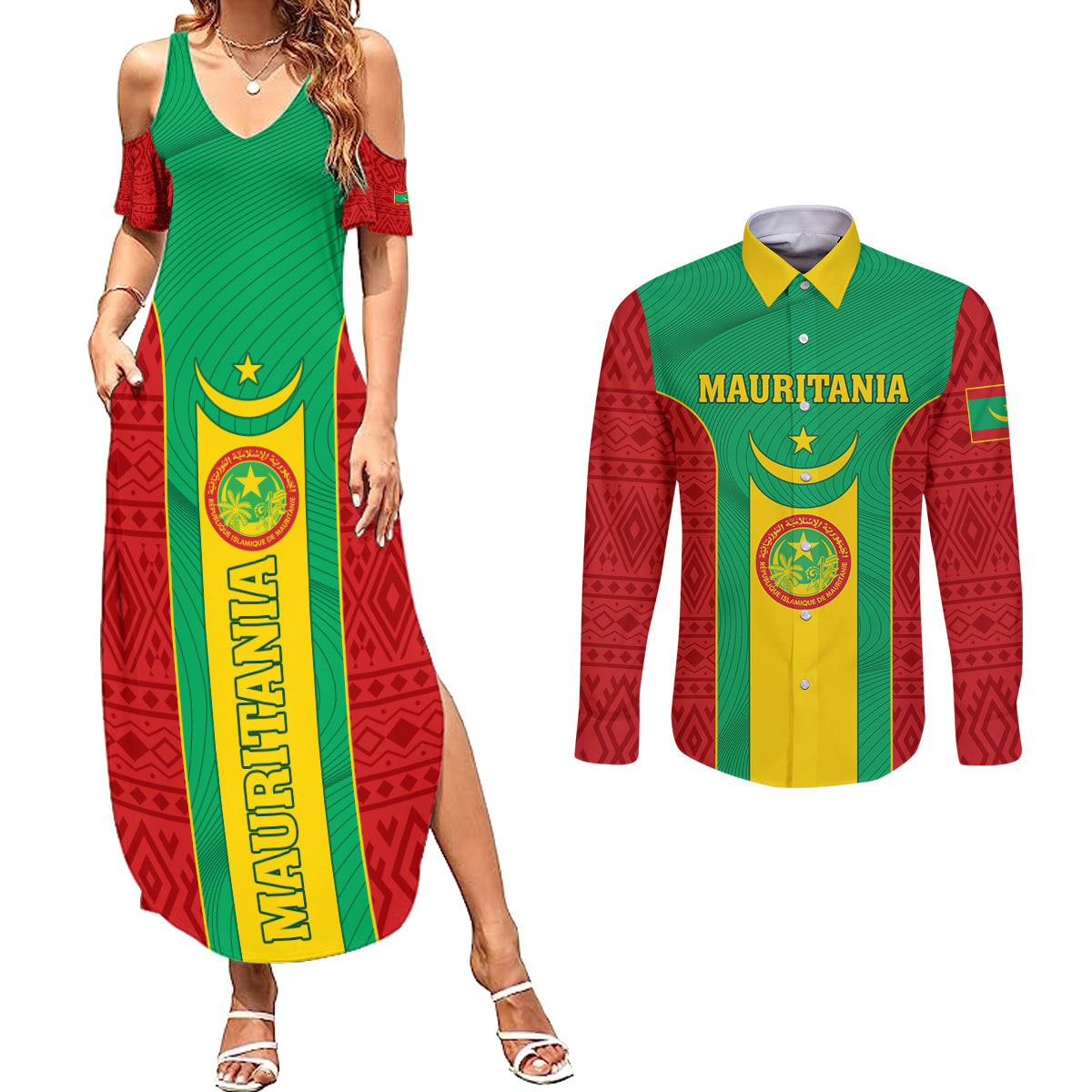 Mauritania Football Couples Matching Summer Maxi Dress and Long Sleeve Button Shirt Go Lions of Chinguetti