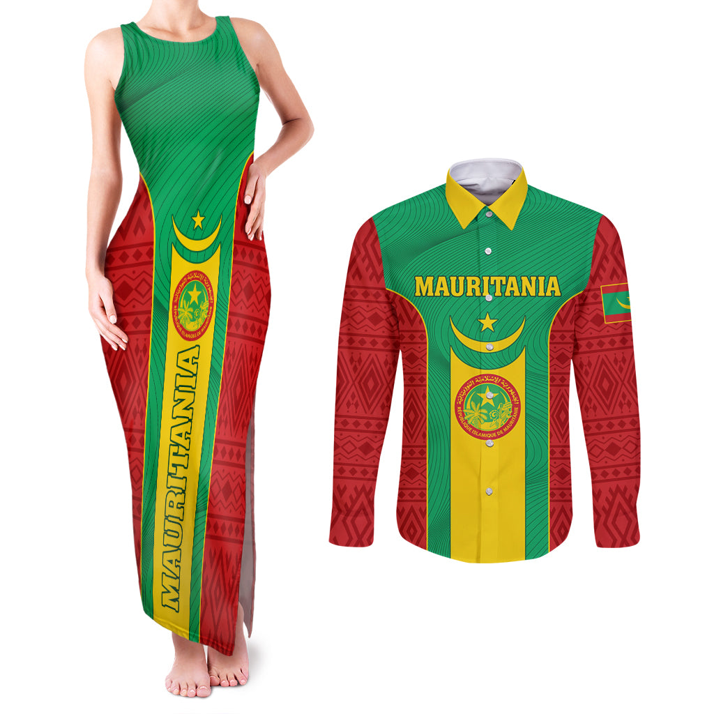 Mauritania Football Couples Matching Tank Maxi Dress and Long Sleeve Button Shirt Go Lions of Chinguetti