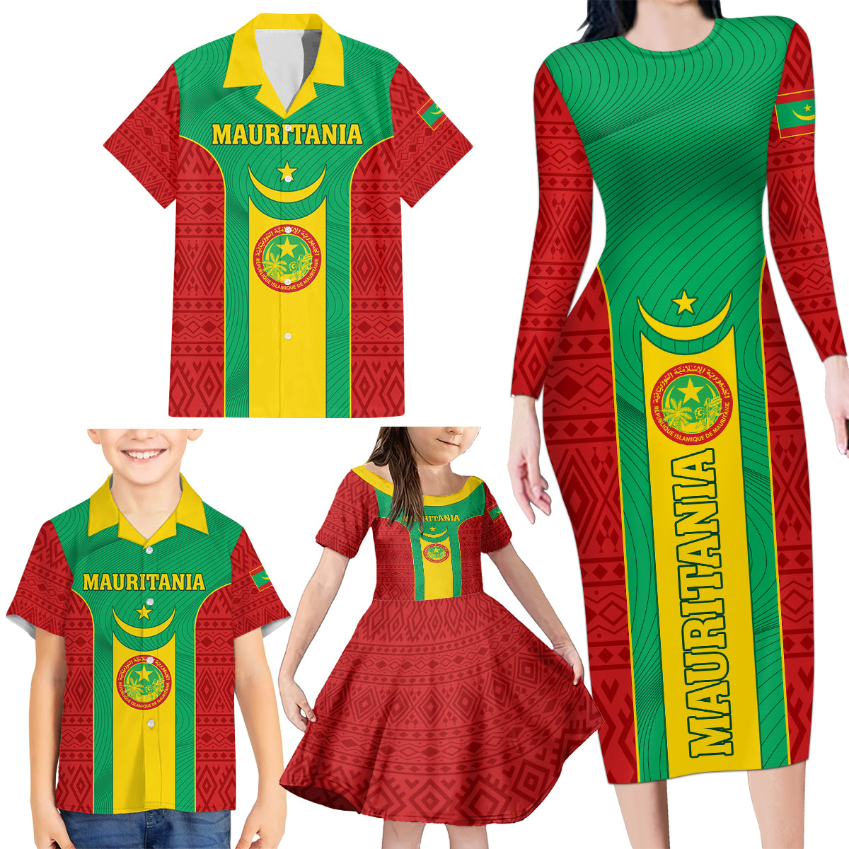 Mauritania Football Family Matching Long Sleeve Bodycon Dress and Hawaiian Shirt Go Lions of Chinguetti