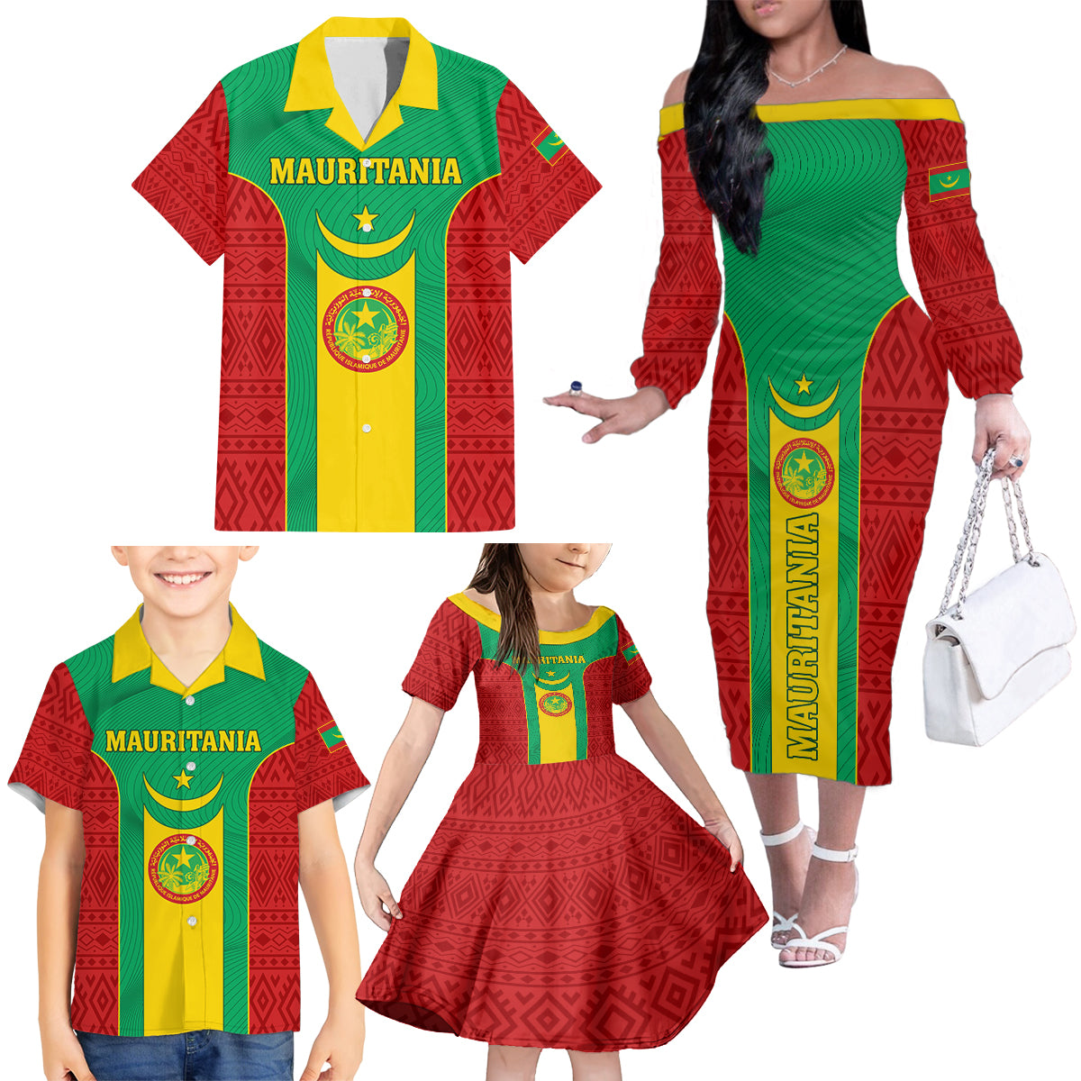 Mauritania Football Family Matching Off Shoulder Long Sleeve Dress and Hawaiian Shirt Go Lions of Chinguetti - Wonder Print Shop