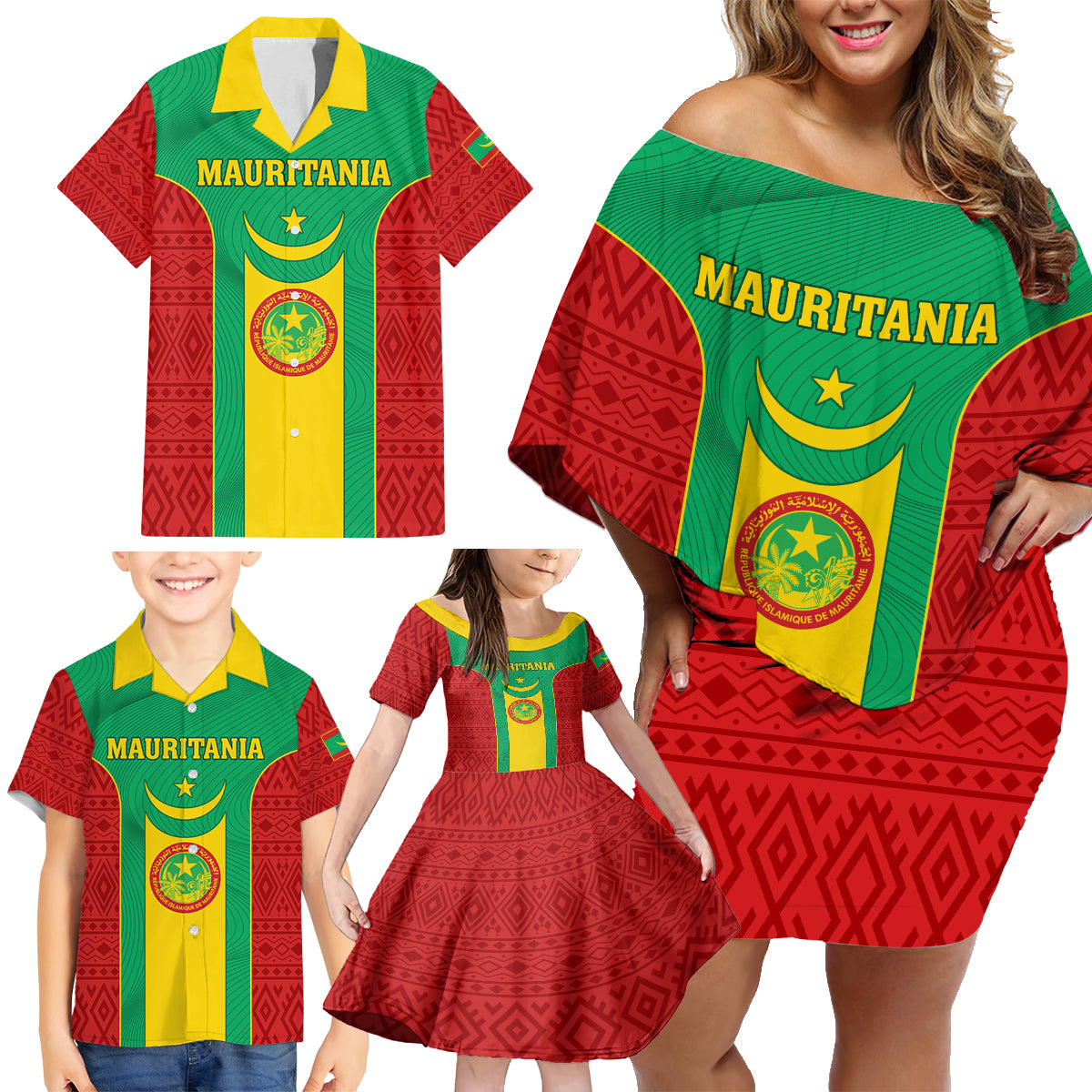 Mauritania Football Family Matching Off Shoulder Short Dress and Hawaiian Shirt Go Lions of Chinguetti