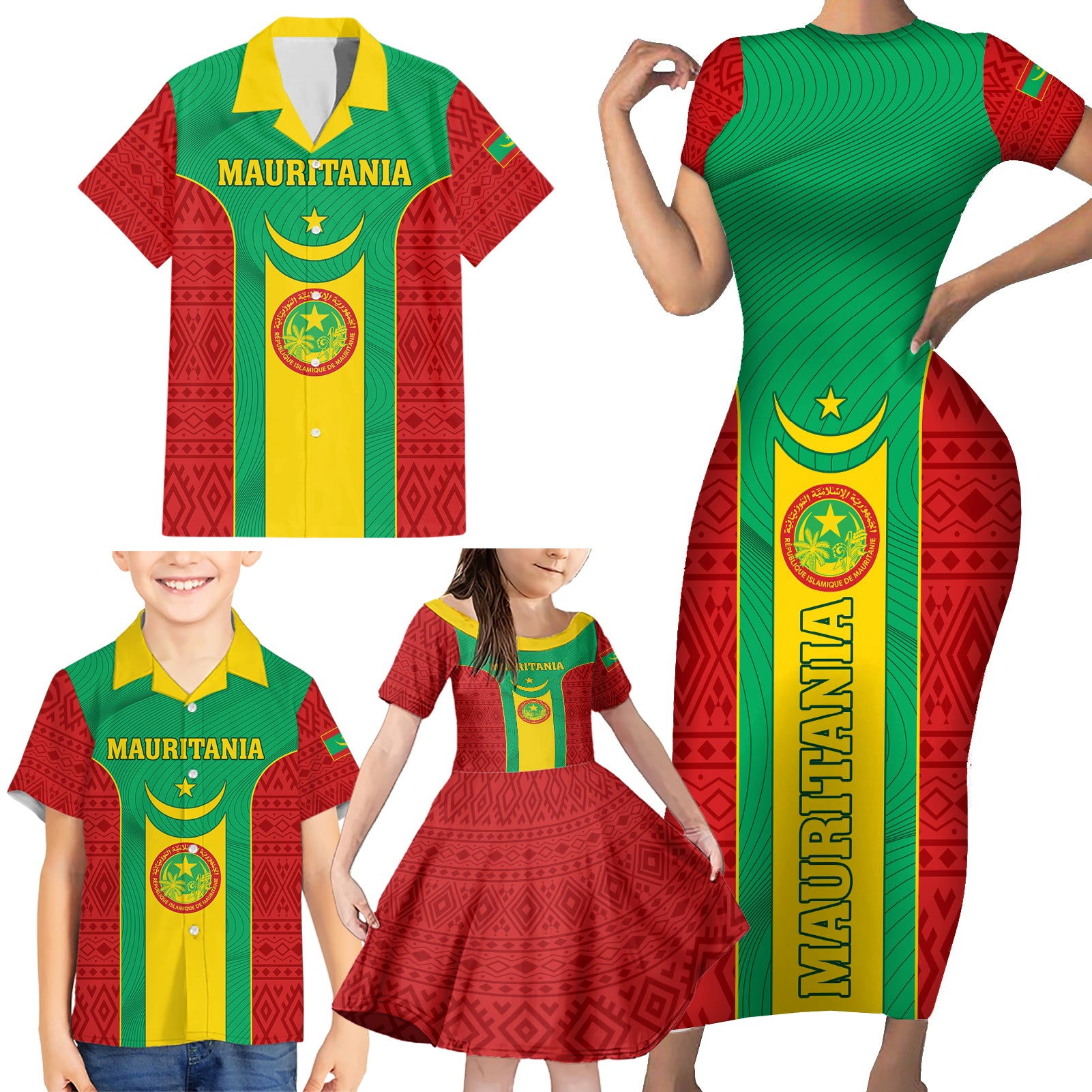 Mauritania Football Family Matching Short Sleeve Bodycon Dress and Hawaiian Shirt Go Lions of Chinguetti